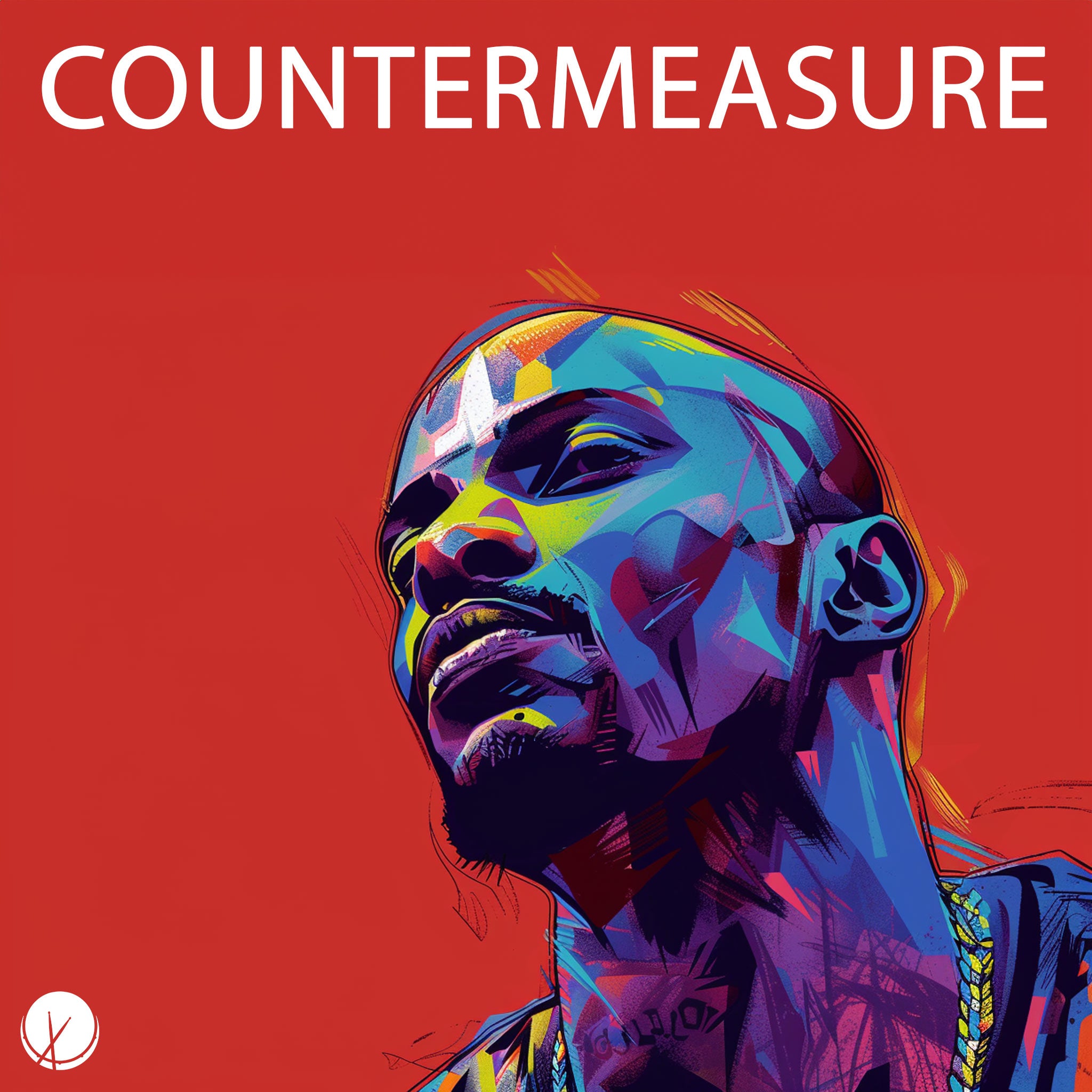 Black Rapper in Colorful Illustration Form with Bald Head and Goatee in Polygon Shade Design on Red Background - Countermeasure