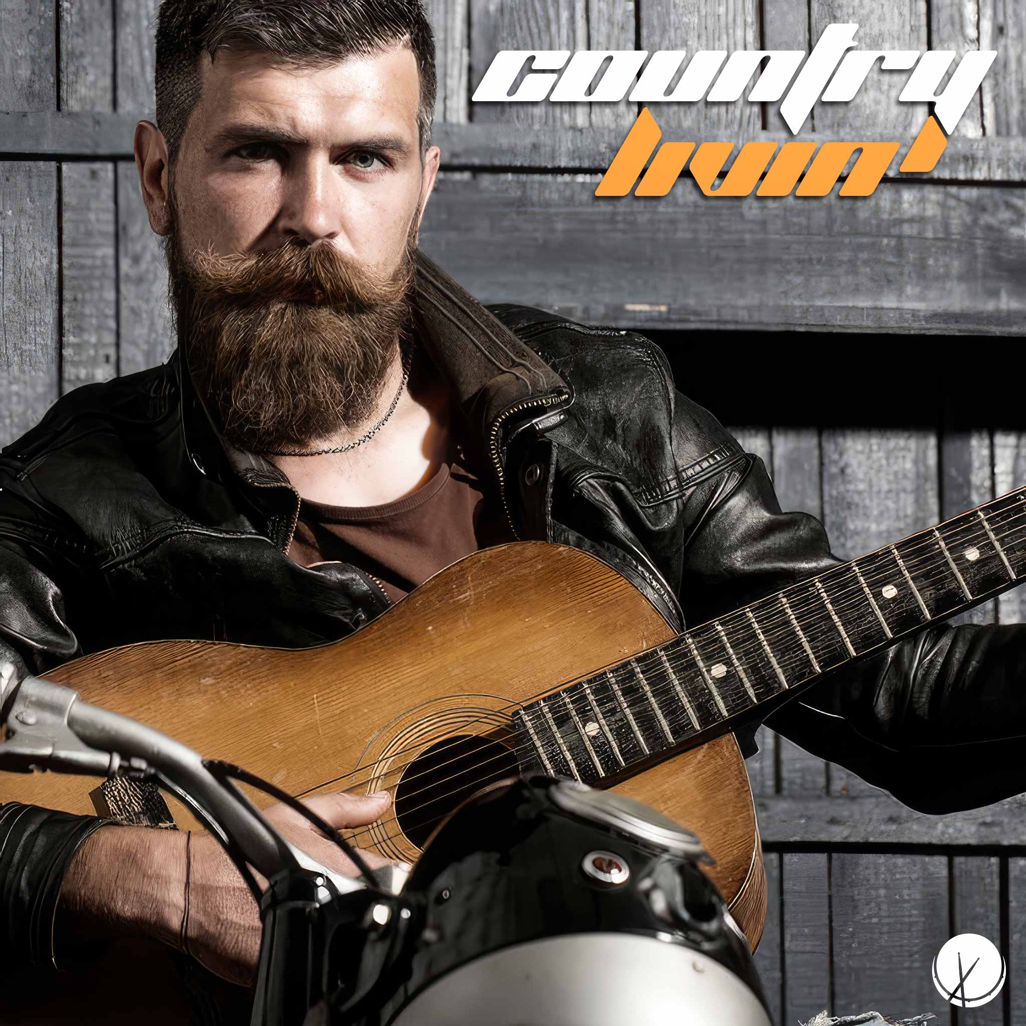 "Country Living" features a southern bearded man playing an acoustic guitar while seated on a motorcycle. The background showcases a rustic wooden plank wall.