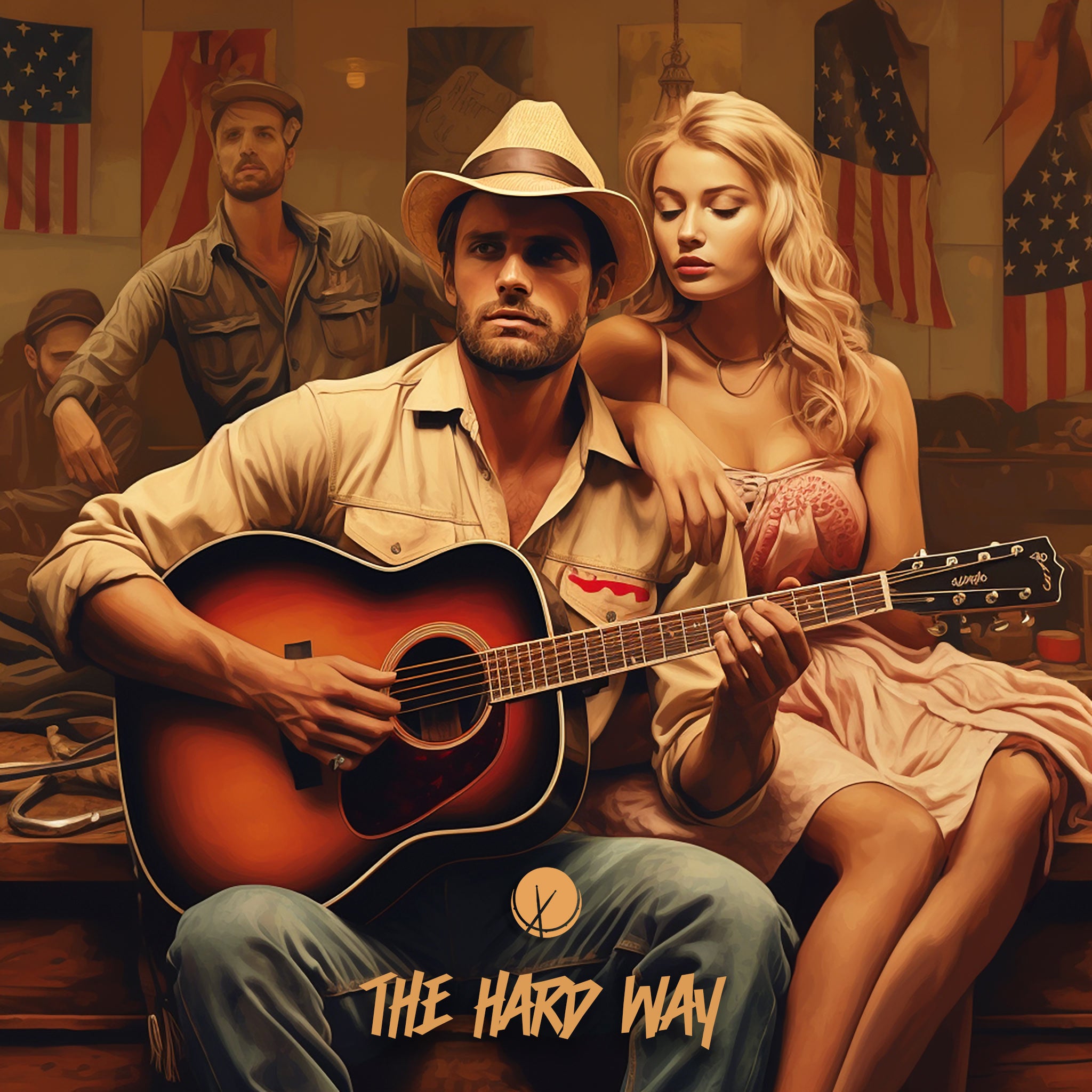 Image featuring a country male singer with an acoustic guitar sitting next to a southern blonde girl bombshell in a small venue with American flags all around. Title: "The Hard Way."