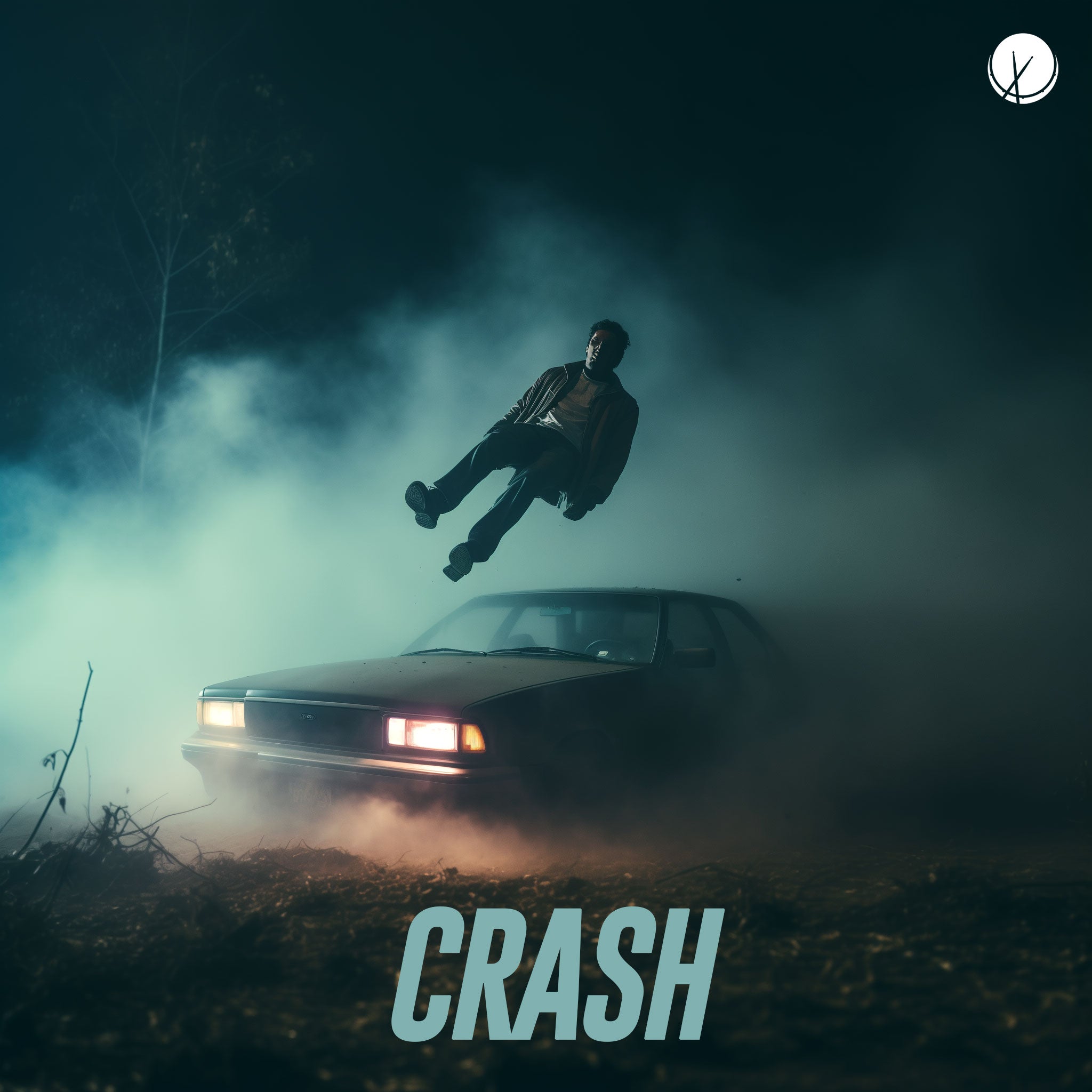 Cinematic image depicting a car at night swerving with a man in mid-air, creating an action scene. The atmosphere is foggy with dust particles. Title: "Crash."