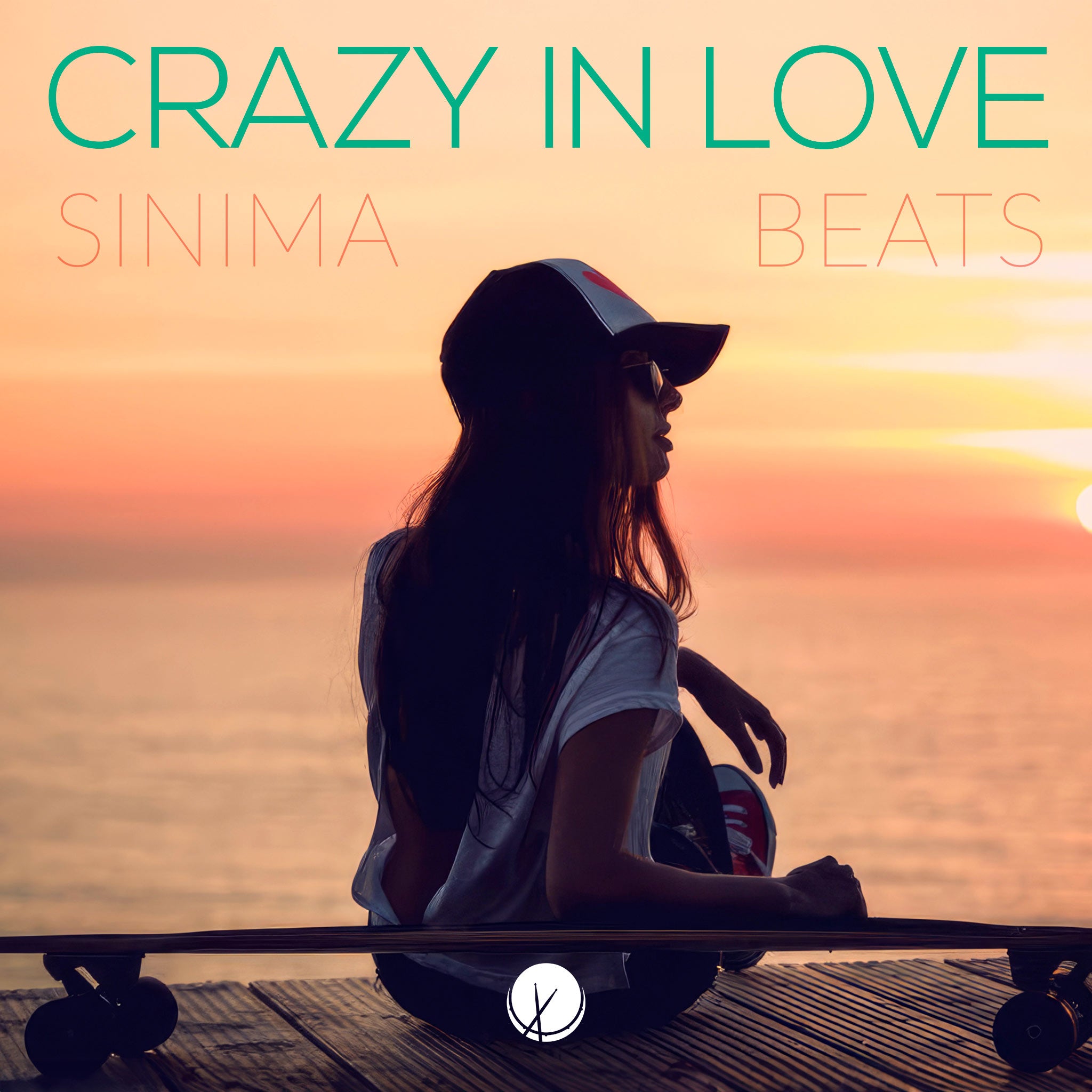 "Crazy in Love" captures the essence of a sporty Latina woman wearing sunglasses and a baseball cap, cruising on a skateboard along the boardwalk at the beach during a beautiful sunset.