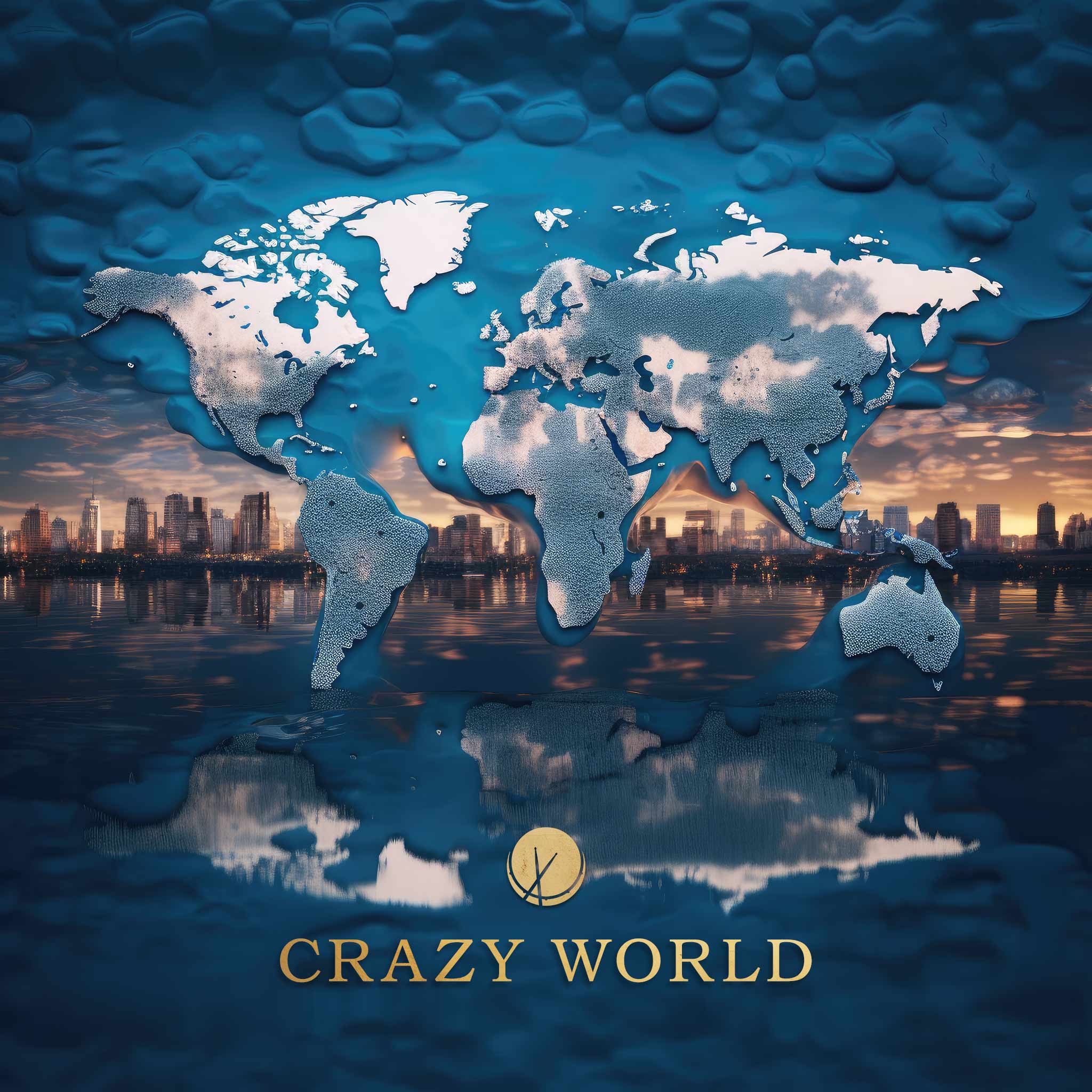 "Crazy World" presents a double exposure image featuring the world map merged with a city skyline by a river. The predominant color scheme is blue, creating a captivating visual narrative.