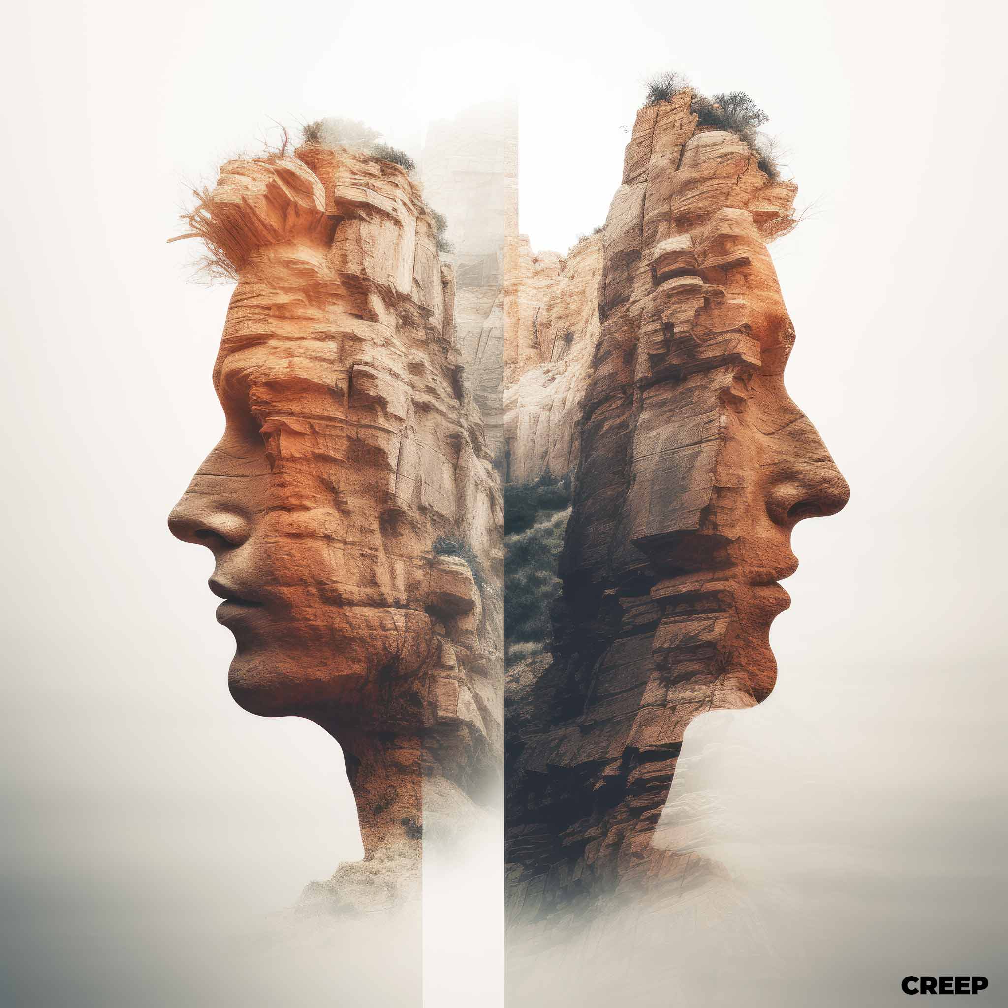 Creep: An intriguing composition showcasing a double exposure of men's faces overlaid on a stony, large canyon carved out of rocks. The expressions on their faces convey a profound sense of sadness and contemplation, creating a haunting visual narrative.