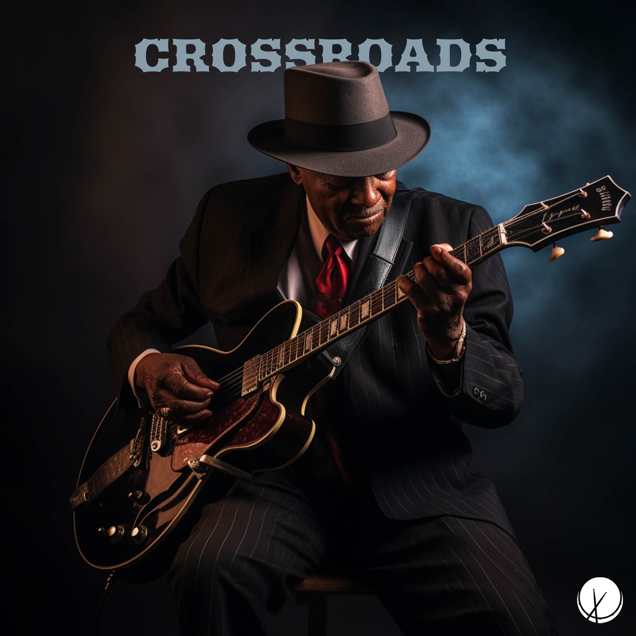 In the depiction of "Crossroads," an older gentleman, a black blues guitarist, is elegantly dressed in a suit and hat, capturing the essence of the blues culture.