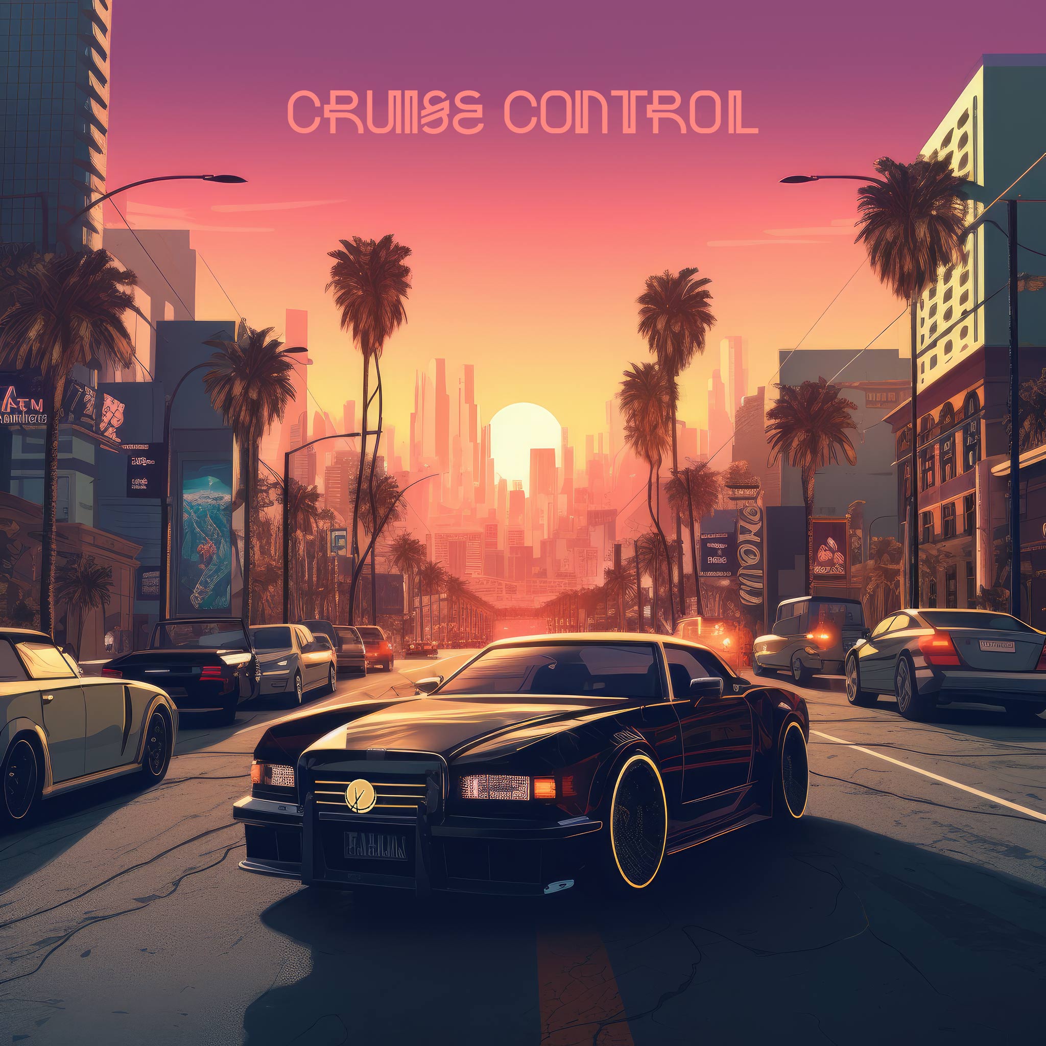 "Cruise Control" features an illustration of a luxurious black car cruising through the streets of Miami at sunset. The vibrant image is bathed in punk and purple hues, creating a stylish and energetic atmosphere.