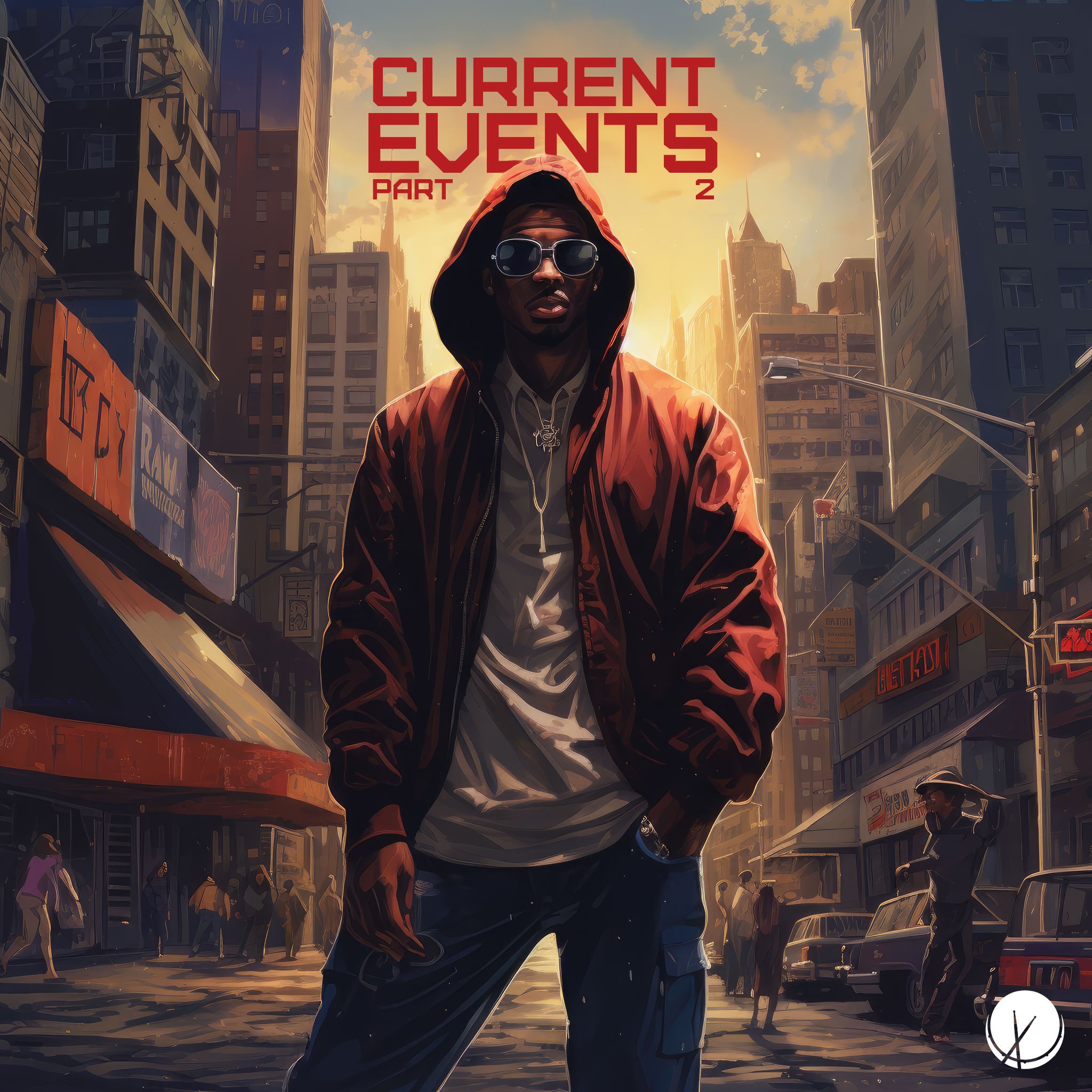 "Current Events Part 2" portrays a rapper in a vibrant red jacket and stylish sunglasses standing on a busy urban street in the city. The scene captures the energy of the sunset, creating a dynamic and contemporary feel.