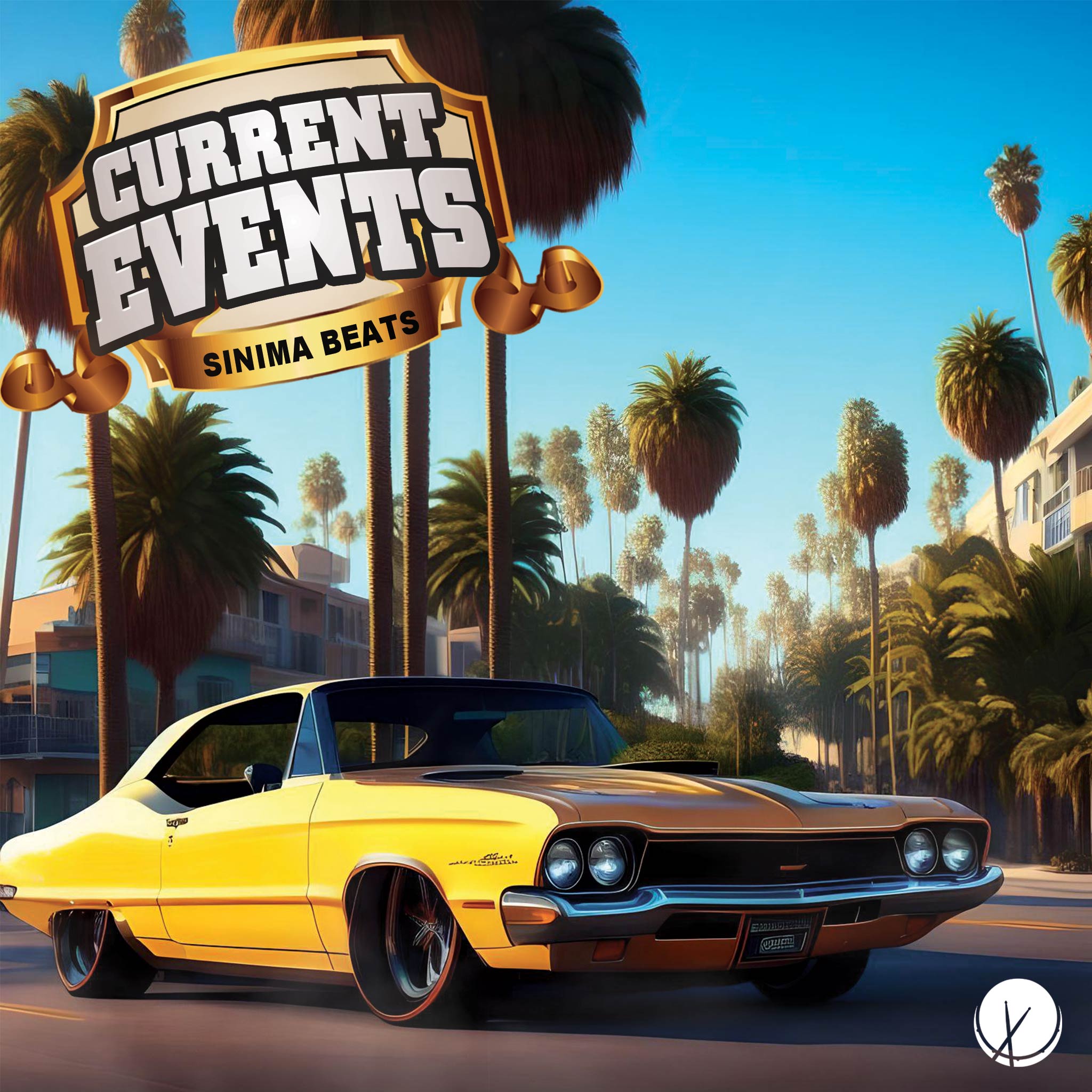 "Current Events" showcases a vibrant yellow muscle car driving down a palm tree-lined street during the daytime. The sun adds a warm and sunny atmosphere to the scene.