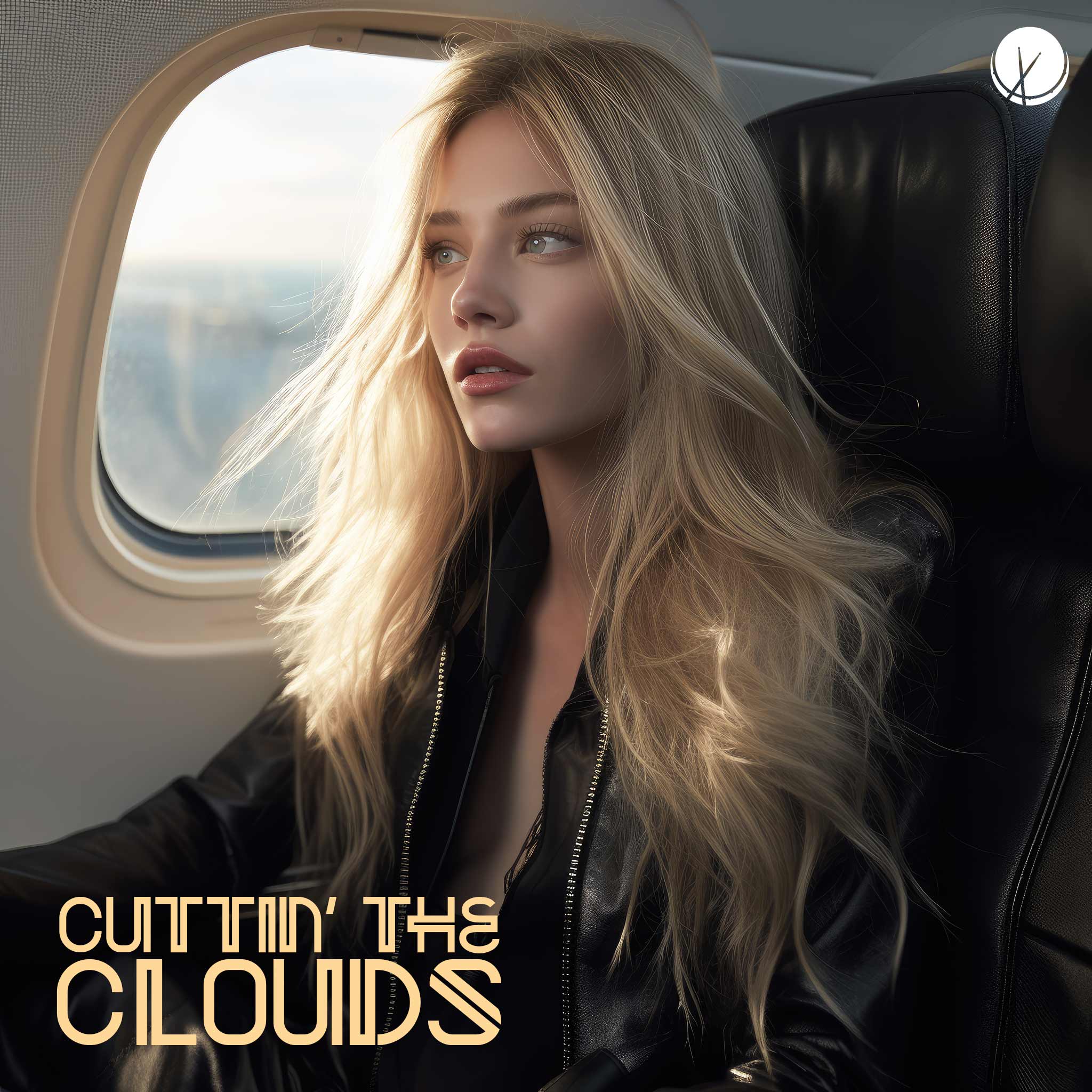 "Cuttin' the Clouds" features a supermodel with blonde, slim figure, sitting on a private jet and wearing a stylish black leather jacket. The image exudes luxury and sophistication.