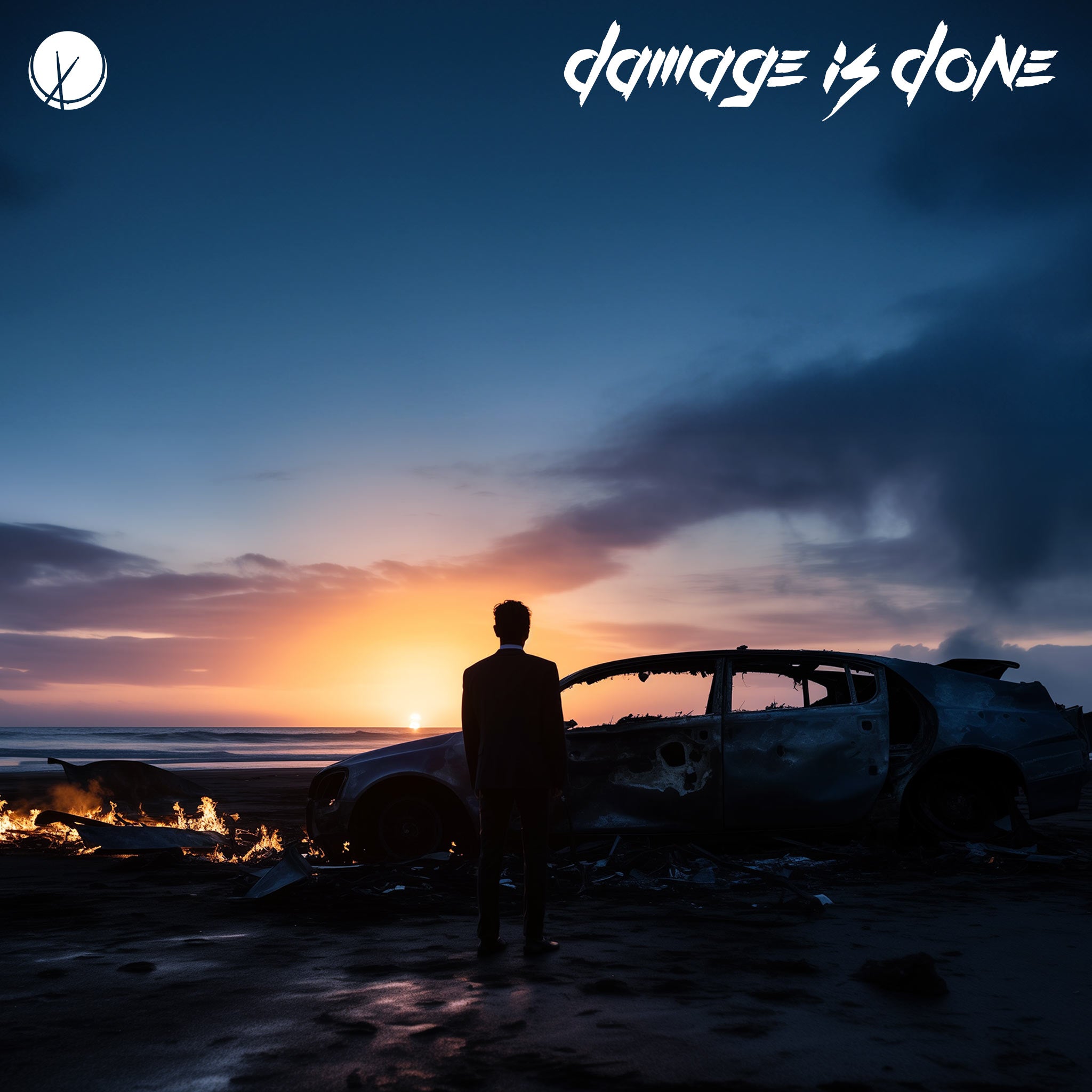 Compelling cinematic view titled "Damage Is Done" featuring the silhouette of a man in a suit standing on the beach, with a burning car in the foreground. This evocative image captures the aftermath, conveying a sense of consequence and intensity.