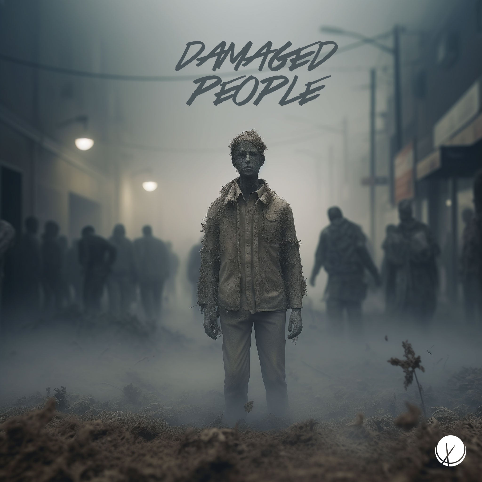 A poignant image portraying several life-sized plastic figures walking aimlessly in a dusty and smoky atmosphere. One man at the center wears a sad expression, appearing like stone. Title: "Damaged People."