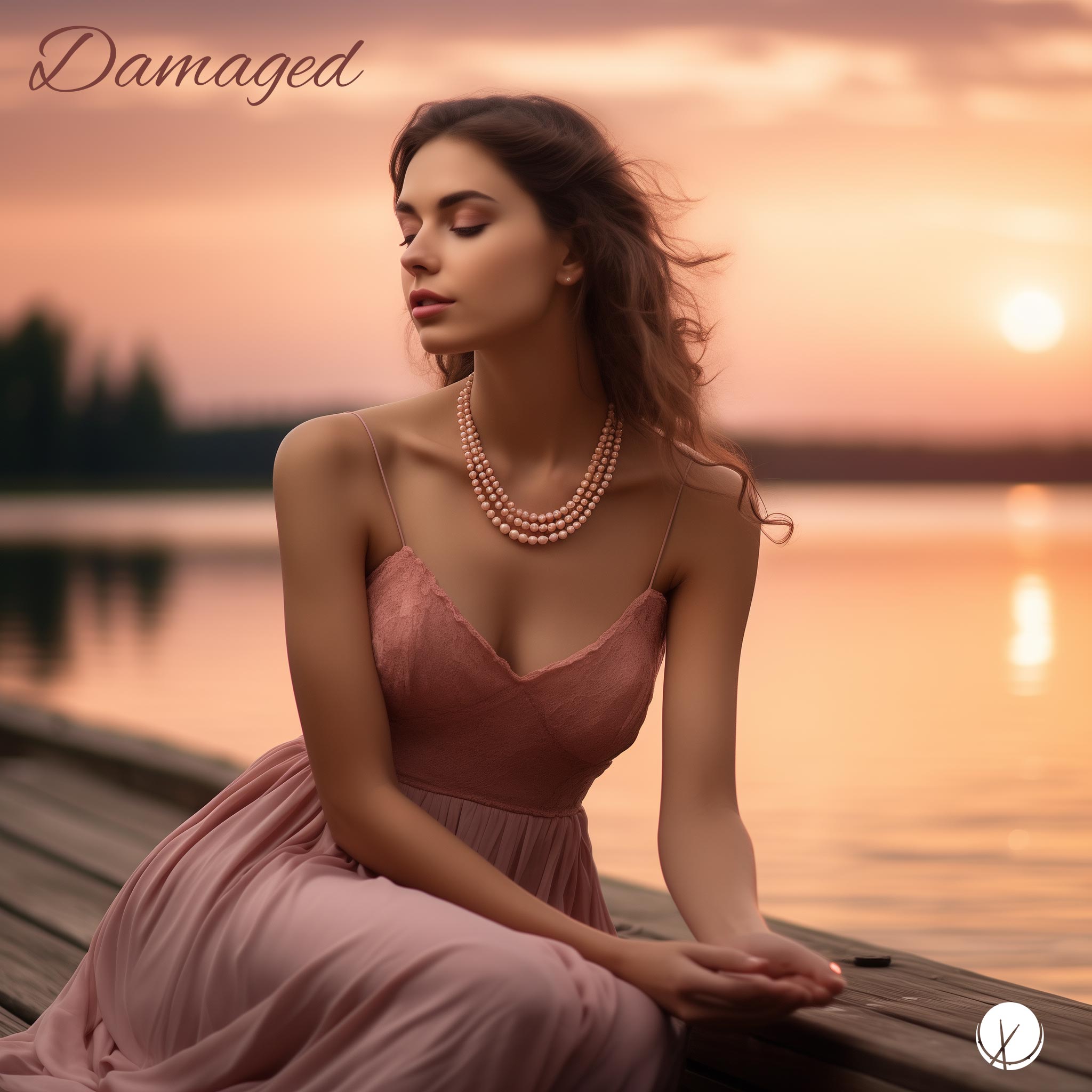 Young brunette in a pink dress, adorned with a pearl necklace, exuding an elegant demeanor. The background features a soft sunset sky as she sits at the wooden pier, overlooking a shimmering calm lake.