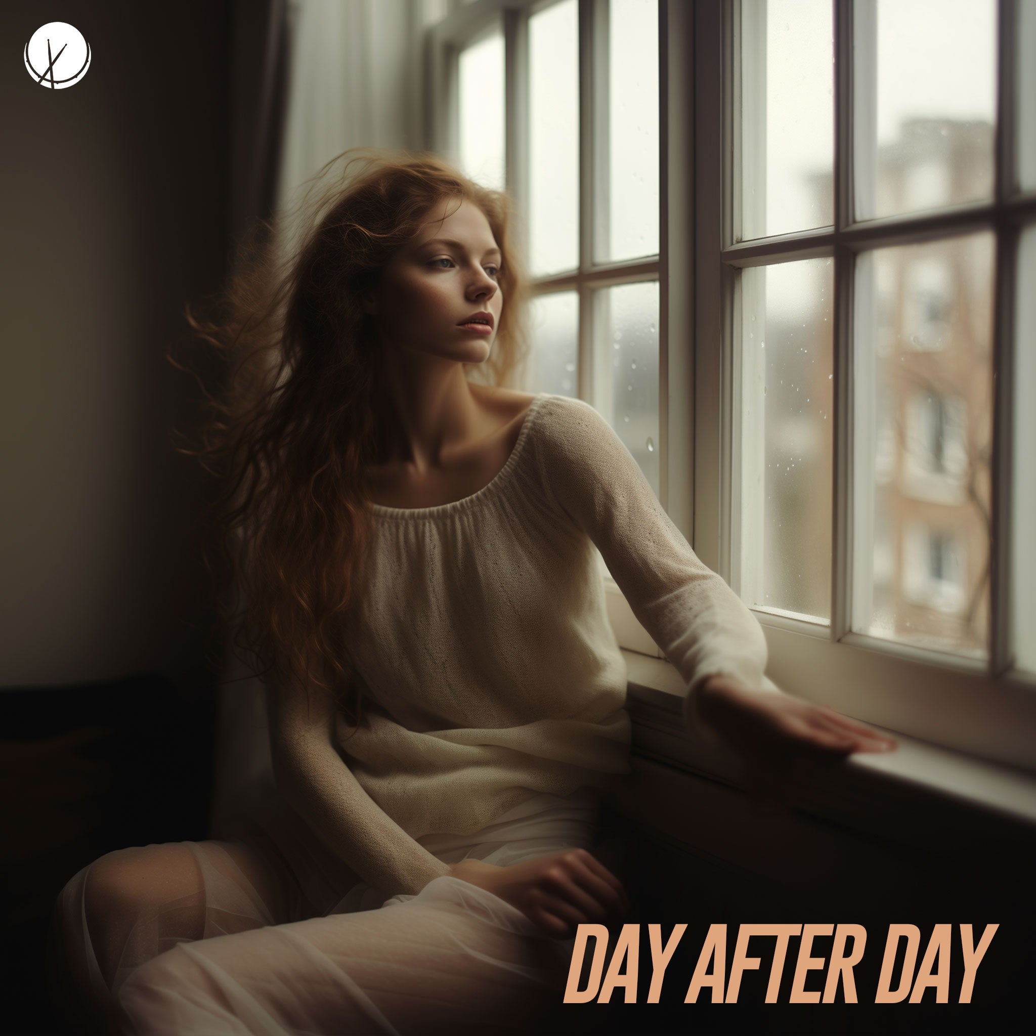 Captivating image of a beautiful woman with shoulder-length reddish-brown hair, lying on a window sill as rain falls outside. She wears a cream knitted sweater, rolled-up sleeves, a beige skirt, and dark brown heels. Title: "Day After Day."