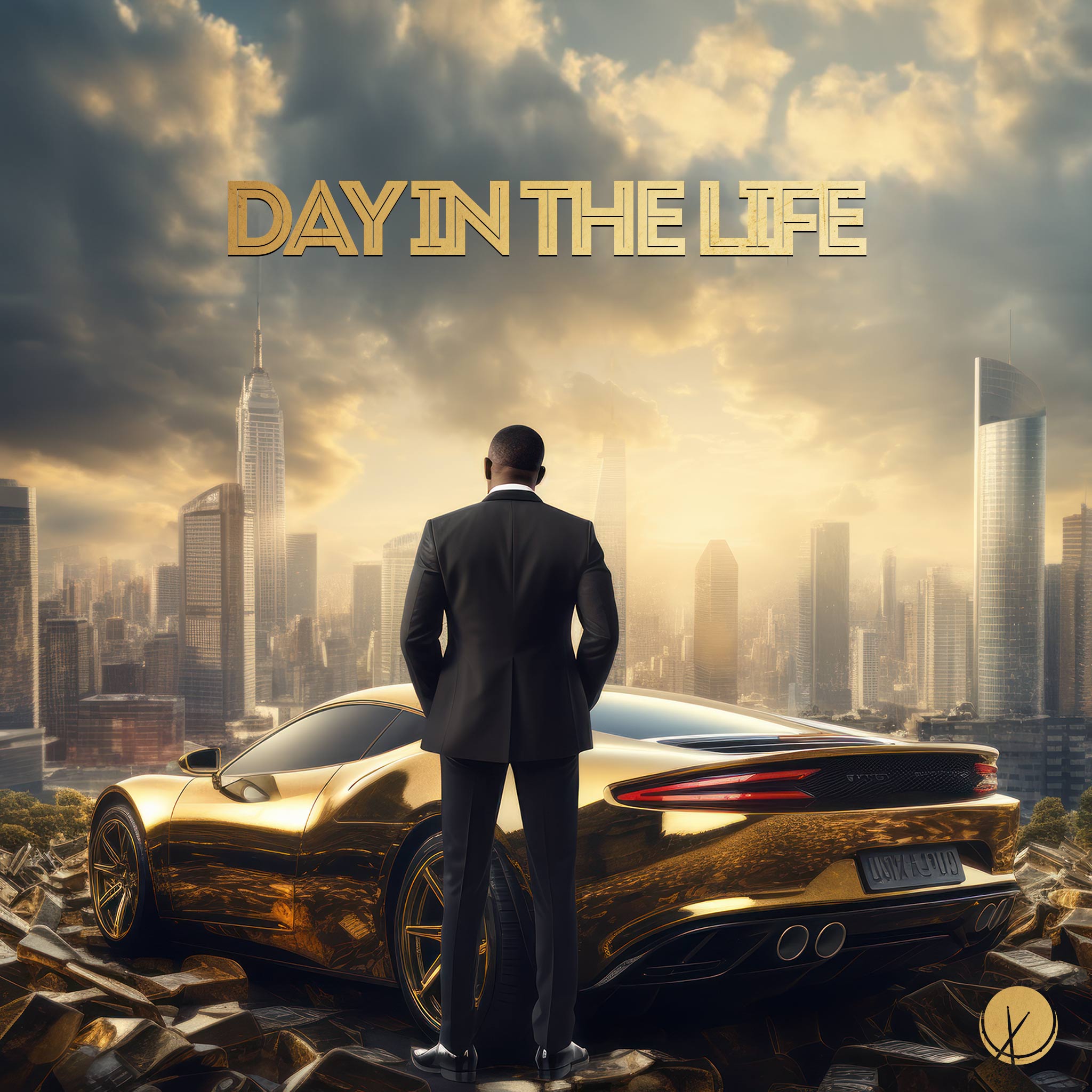 Day in the Life: Wealthy black man in a suit looking at the city, next to a golden sports car with money everywhere.