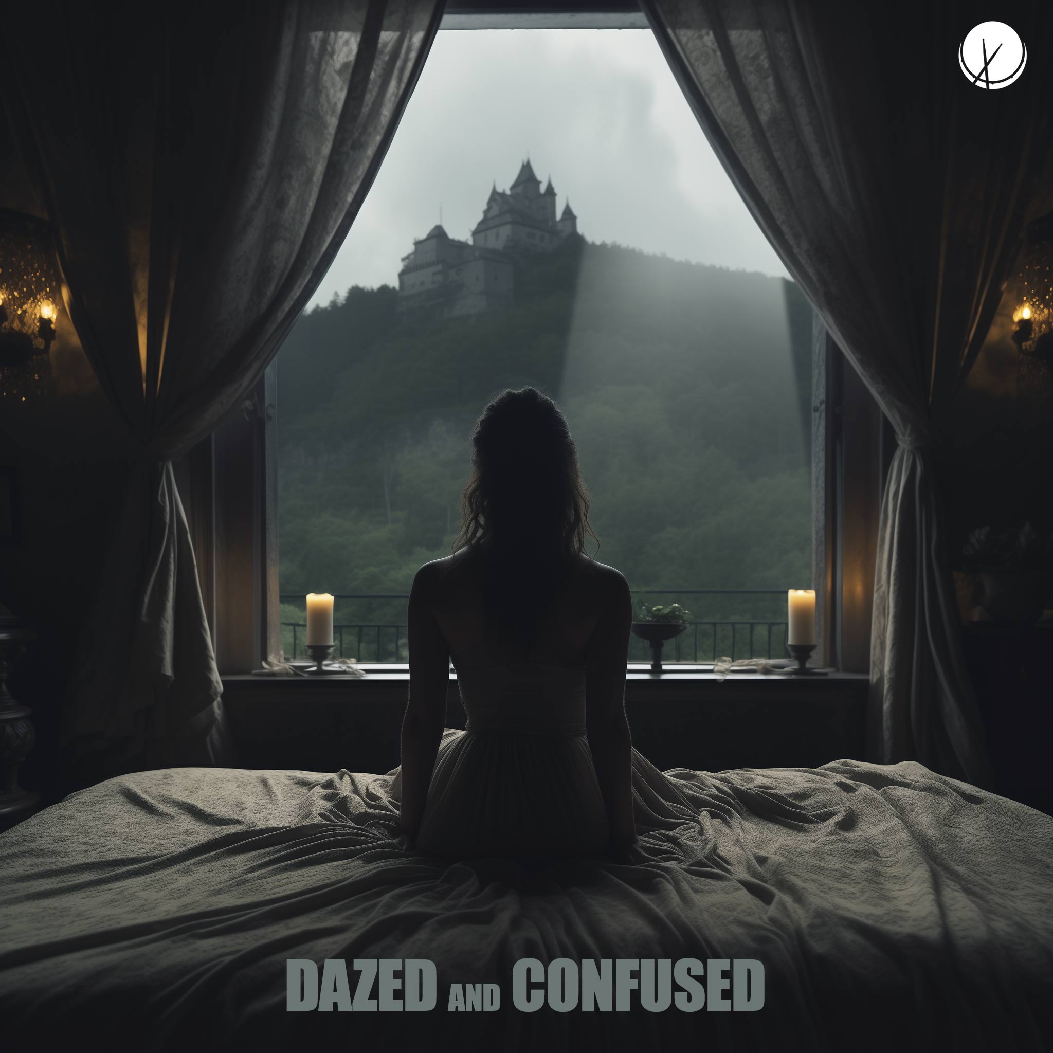 A contemplative scene of a woman sitting up on a bed, gazing out of a window to a distant castle on a cloudy day. The atmosphere evokes a sense of confusion and introspection.