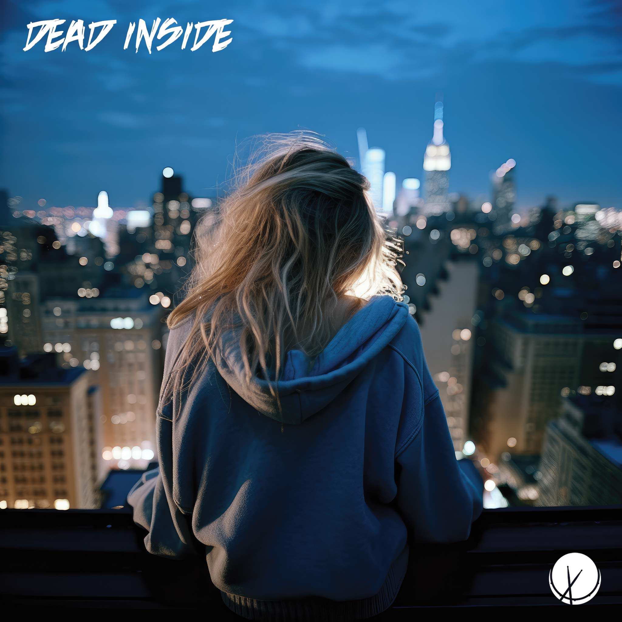 "Dead Inside" captures a young blonde girl sitting on a rooftop overlooking the Manhattan skyline at night. The scene exudes a somber and depressing atmosphere.