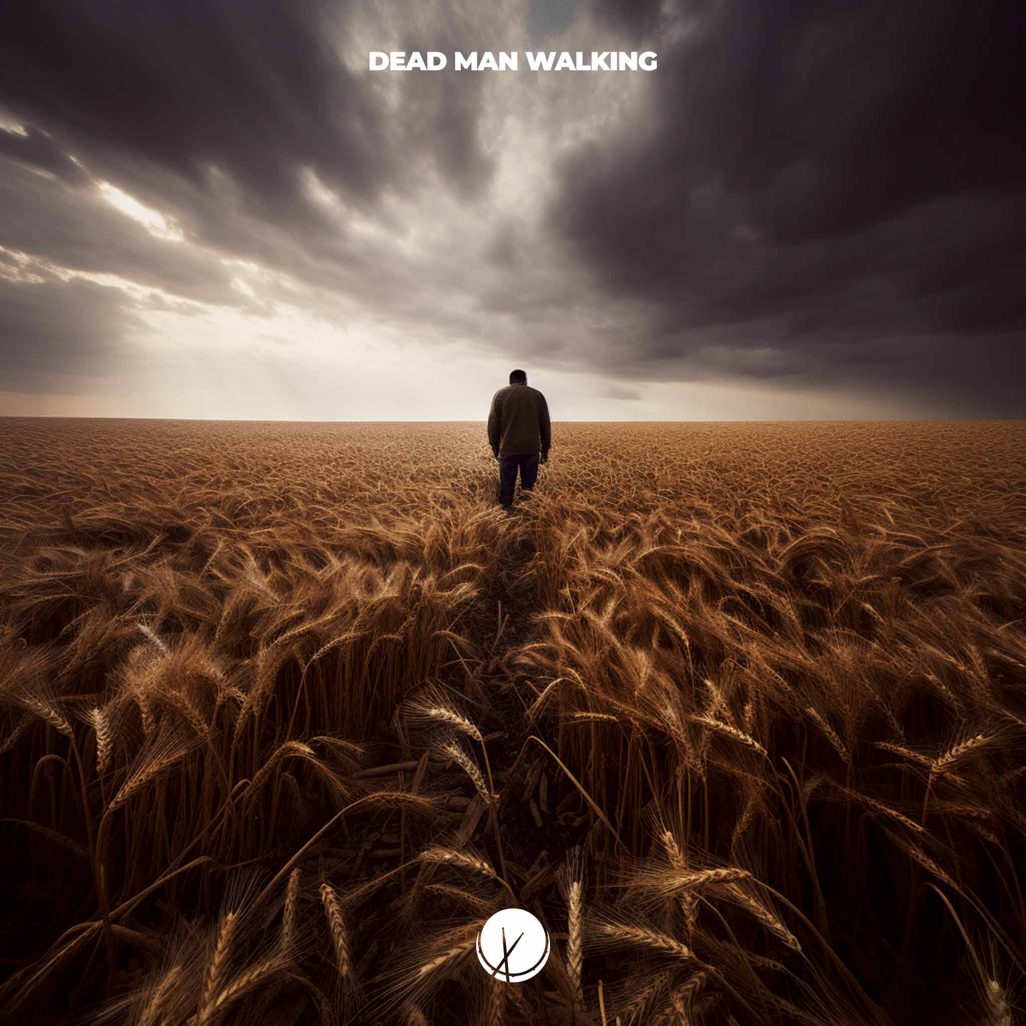 Dead Man Walking: A powerful and cinematic image featuring a lone man walking through a vast field of wheat, with the ominous sky and farmland stretching into the distance. The scene evokes a sense of foreboding and contemplation, creating a haunting visual narrative.