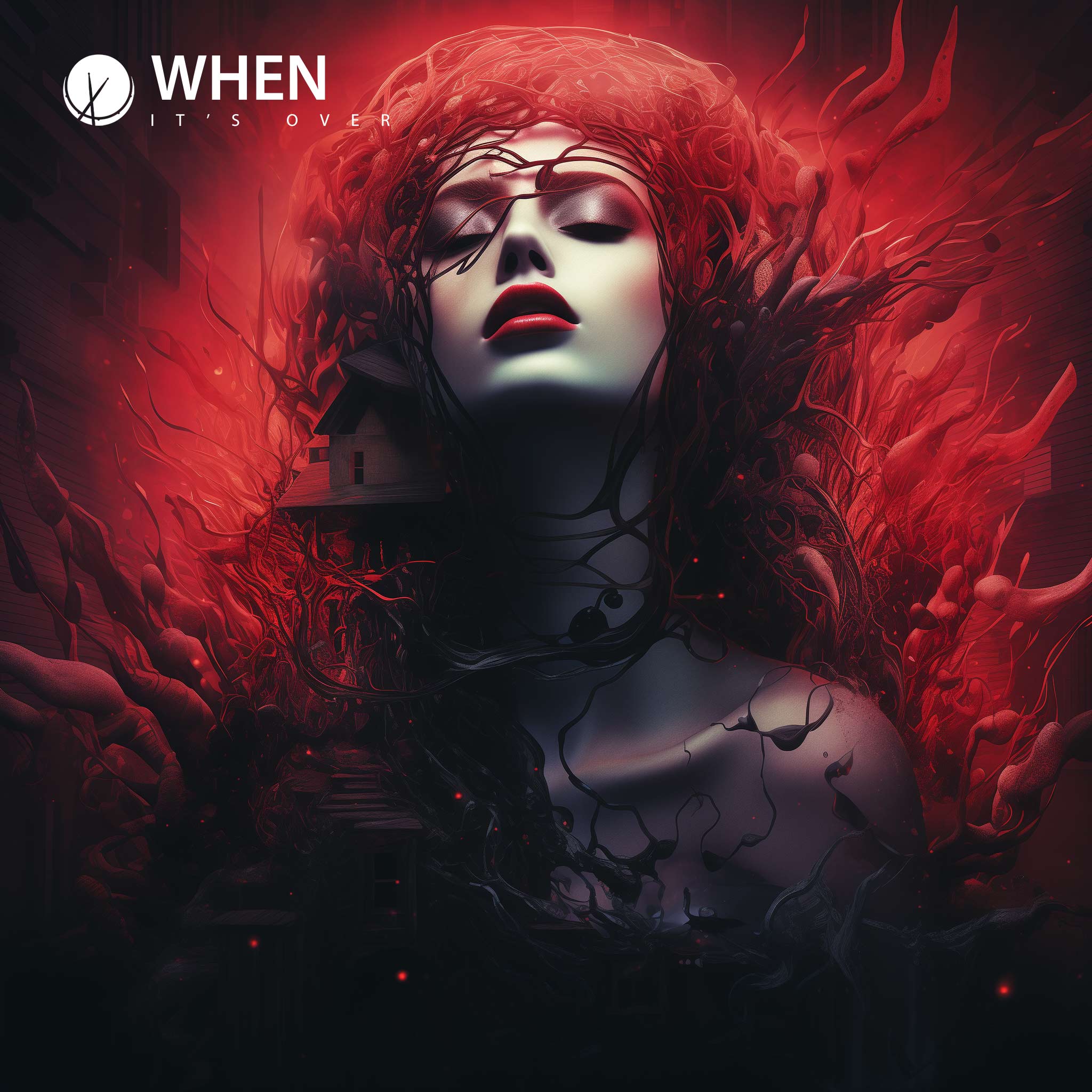 Deep House cover art design featuring a woman in pale white makeup with bright red lipstick, surrounded by artistic and chaotic design elements in red. Title: "When it's Over."