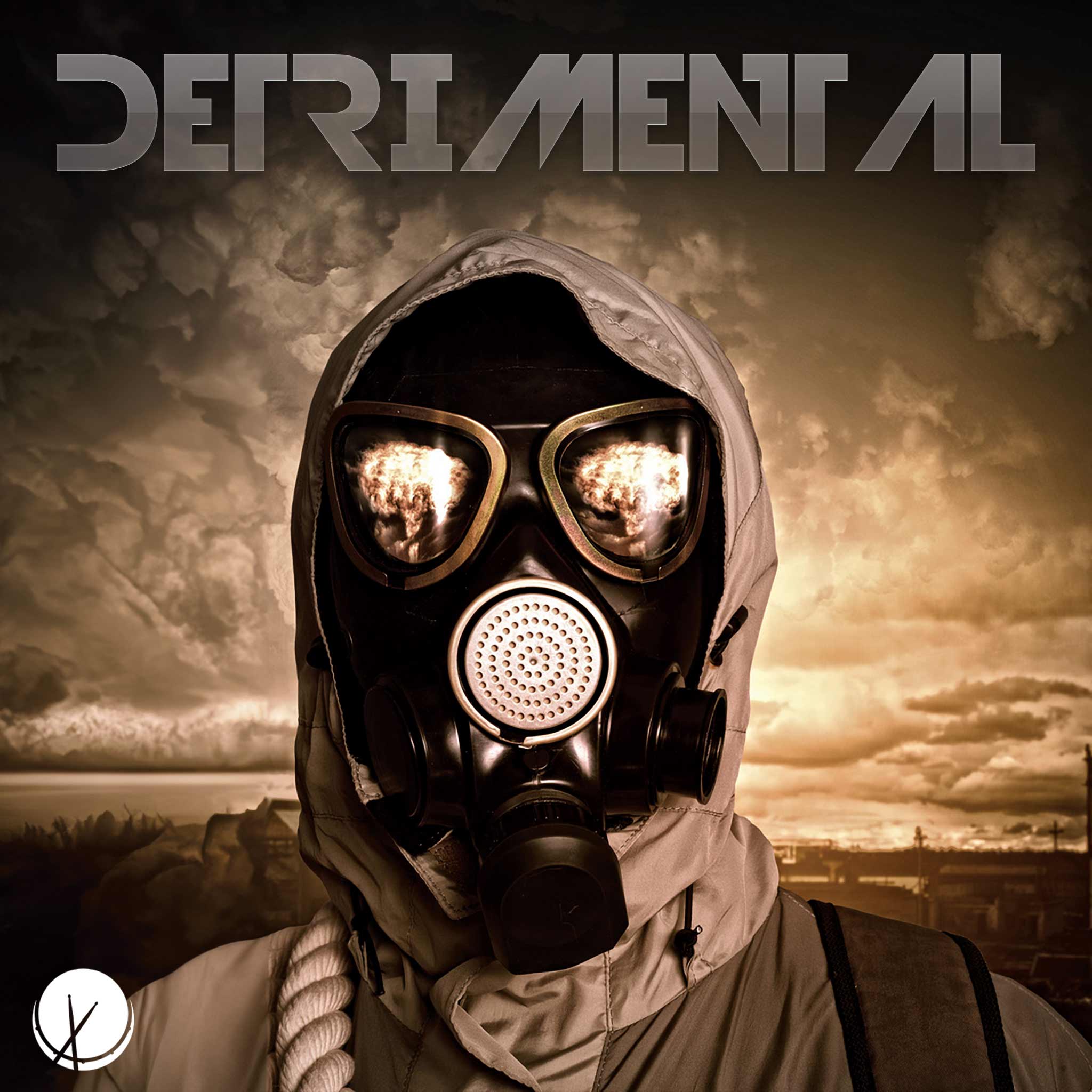 Detrimental: Apocalyptic scene of a man in full body protection gear, wearing a gas mask with a color burn hue. Reflection of a massive explosion displaying in his goggles.