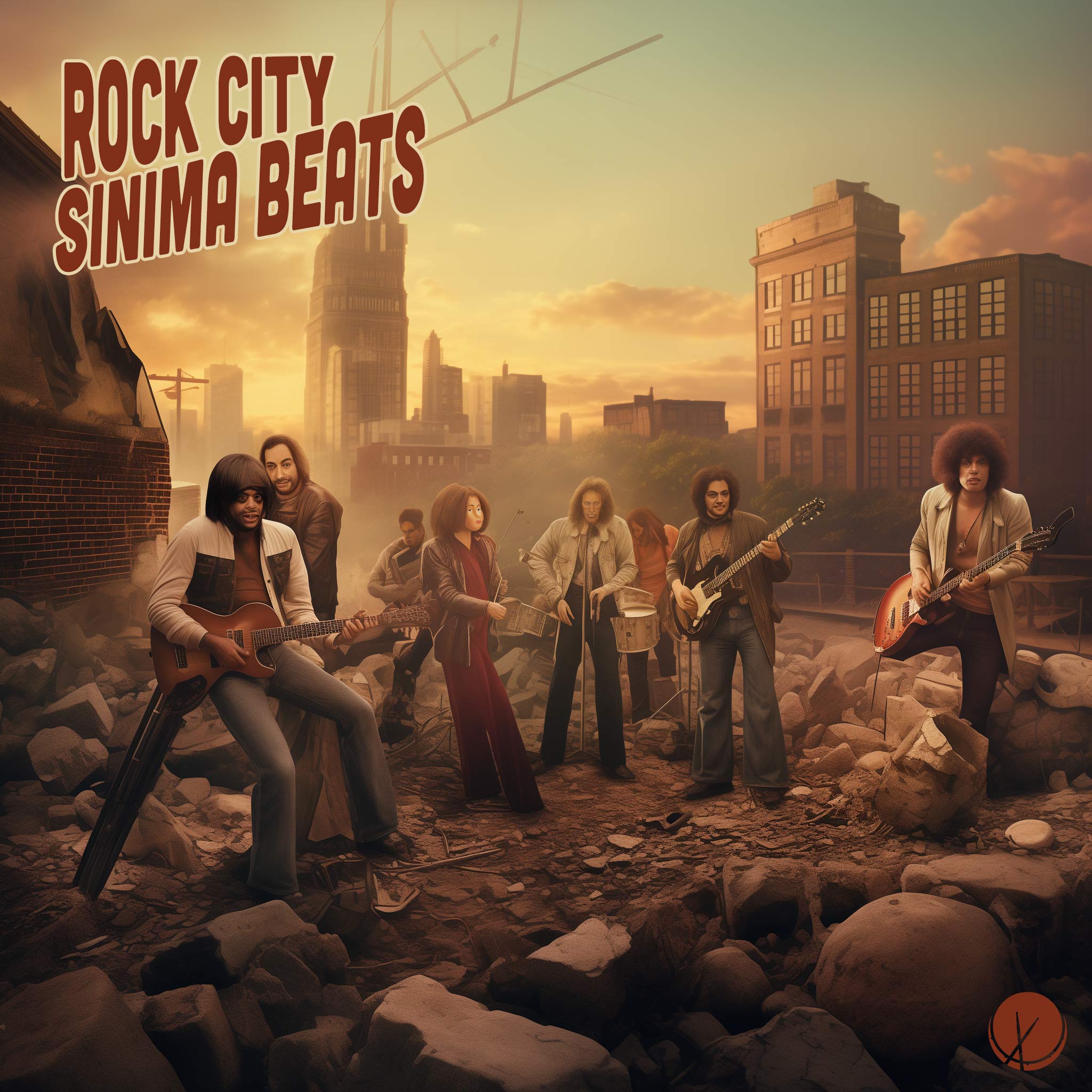 Album cover for a Detroit rock band in the style of 1970s rock, designed as rap cover art. Title: "Rock City."