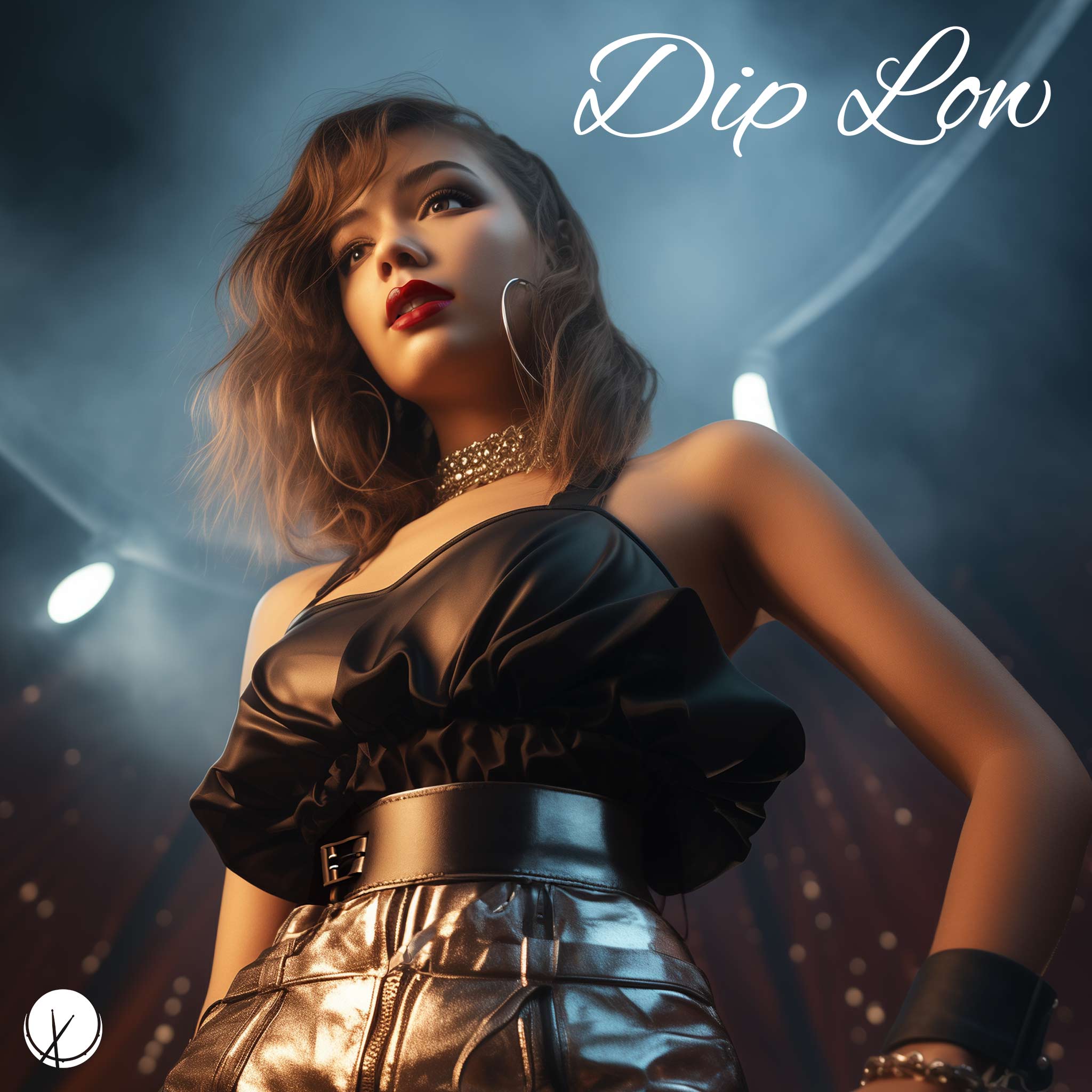 "Dip Low" features a captivating low-angle shot of a young, mixed-race woman dressed up for the night club, ready to dance in the bright lights, creating a surreal atmosphere.