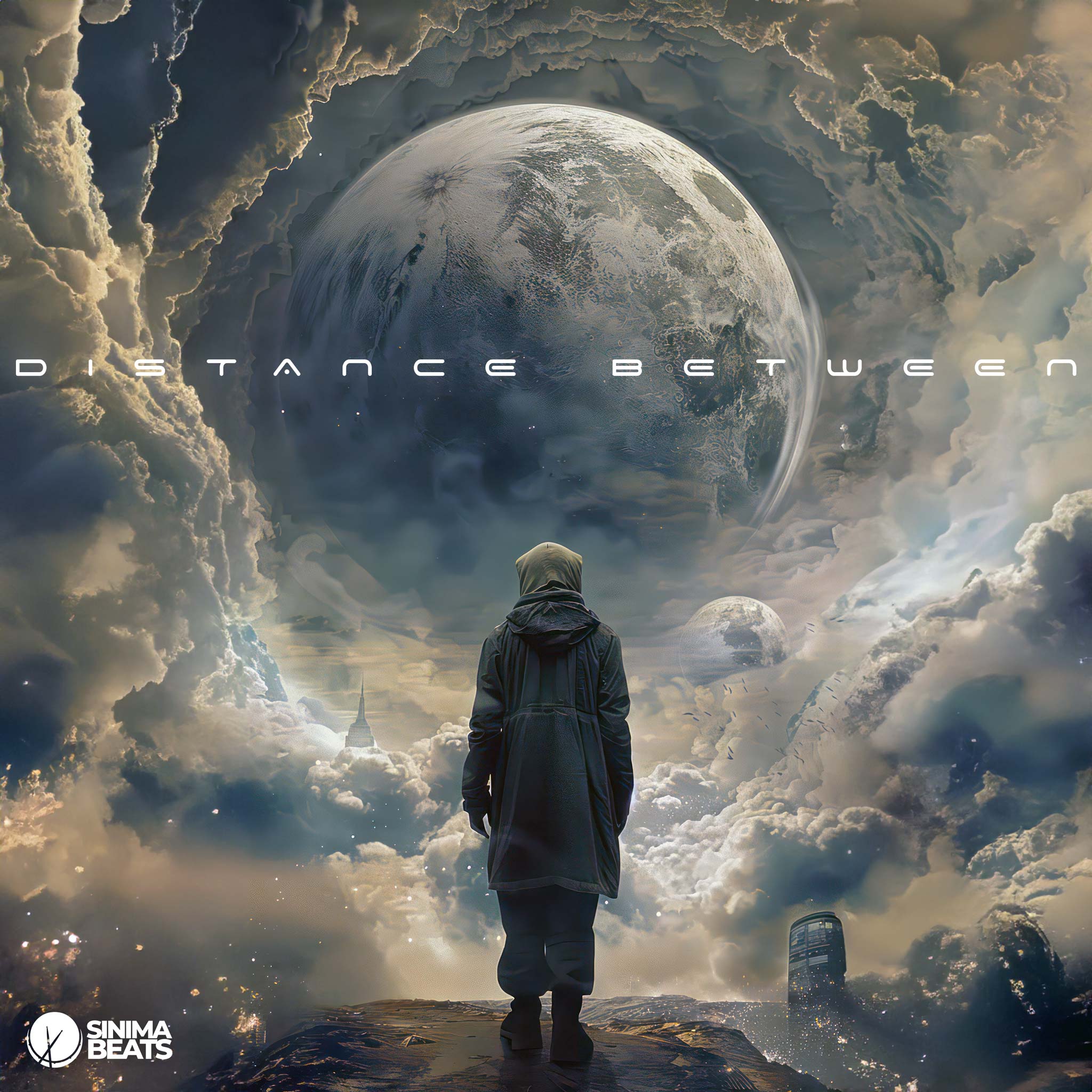 Dystopian scene with a man in a hooded sweater and long coat walking under a planet in the sky, surrounded by soft lighting – Distance Between