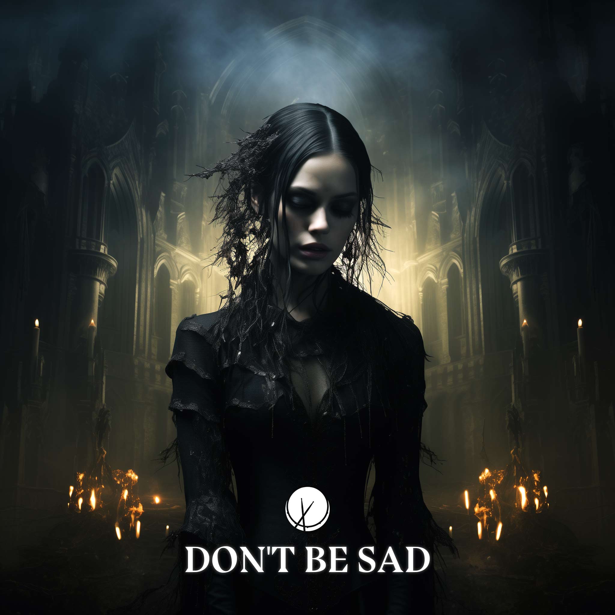 Don't Be Sad: Gothic Woman with Black Hair, Pale Skin, Black Makeup, Wearing a Black Victorian Dress. Standing in a Cathedral with Candles, Foggy Atmosphere, and a Lonely Expression.