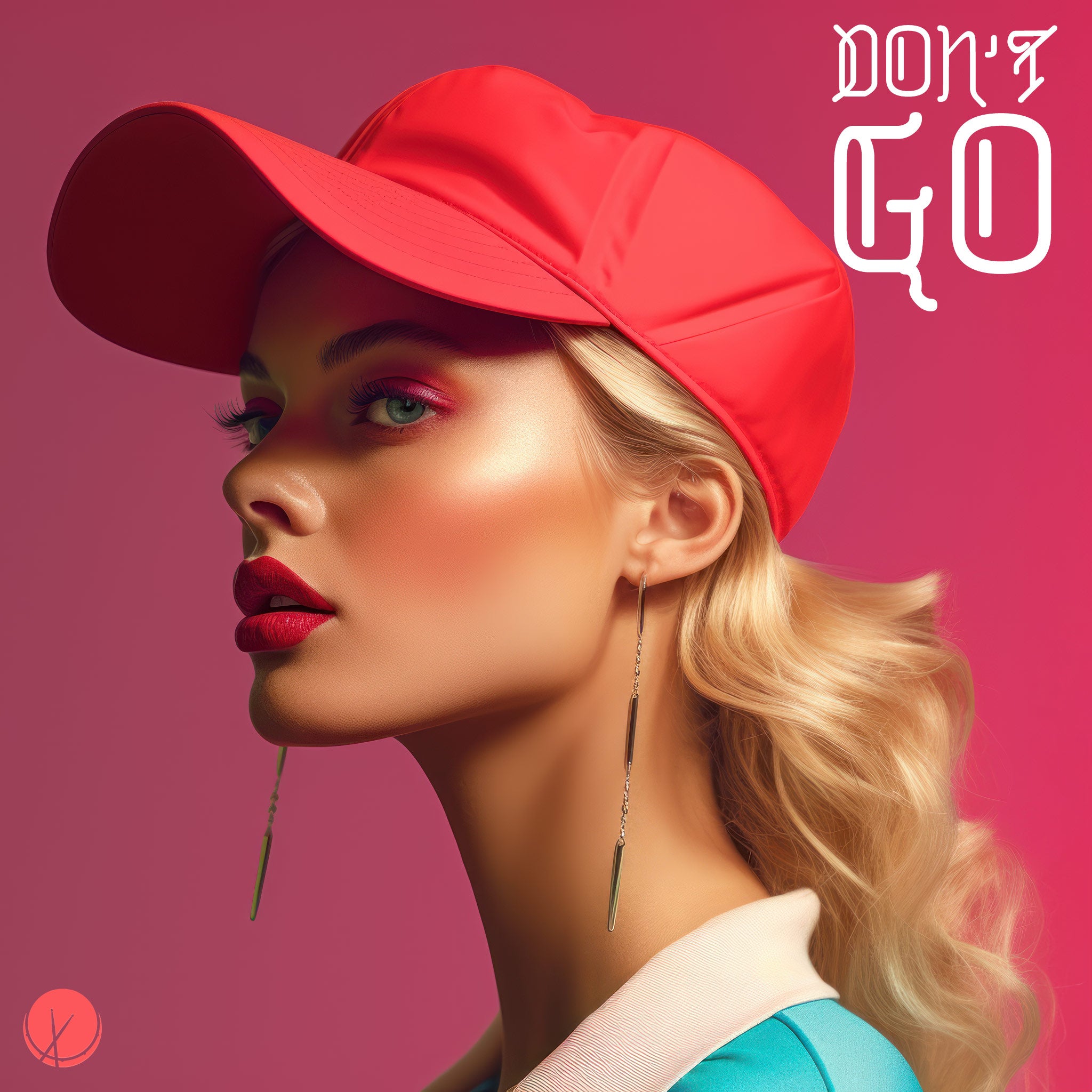 Close-Up of Supermodel Wearing Hot Pink Baseball Cap, Earrings, Bright Red Lipstick, Eye Shadow with Dark Pink Background - Don't Go