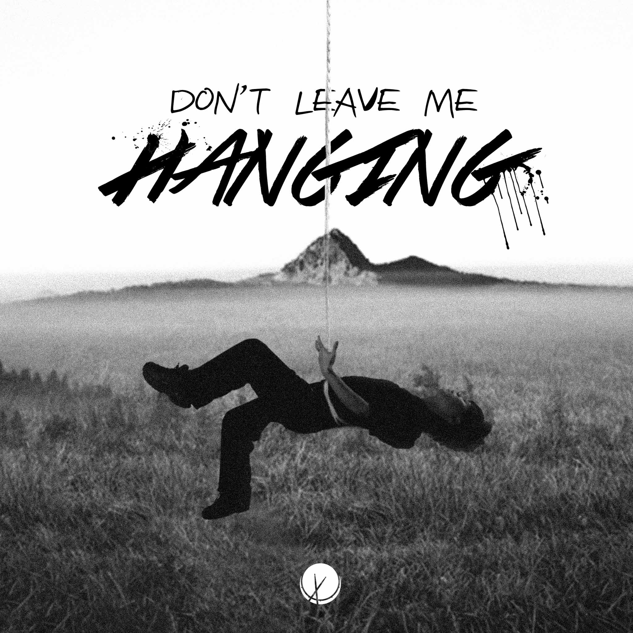 Don't Leave Me Hanging - Asian Man Wearing All Black, Rope Tied to Waist While Hanging in a Field, Facing Up (Grayscale).