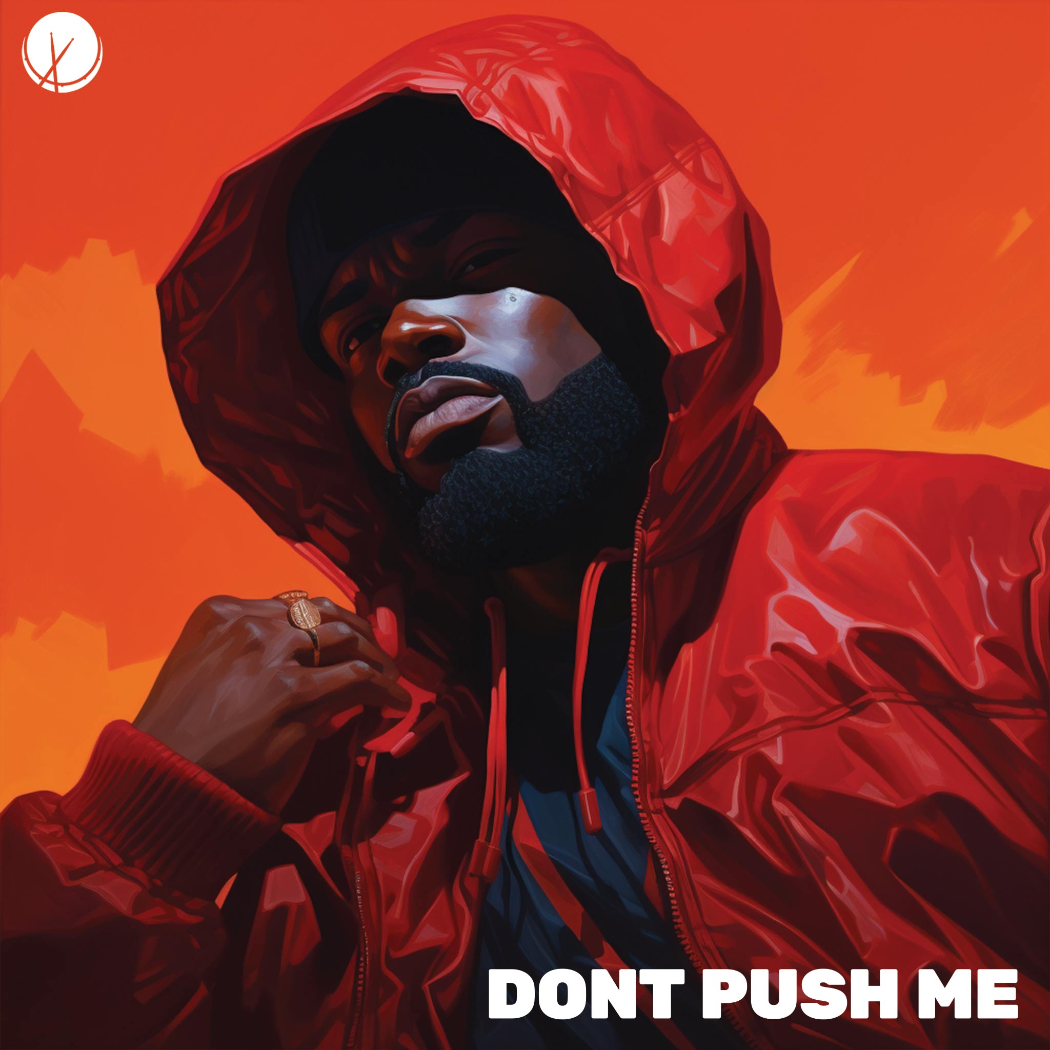 "Don't Push Me" depicts a black-bearded rapper against a vibrant red background. He's wearing an all-red baseball cap and a hooded jacket, creating an intense and bold Hip-Hop cover art.