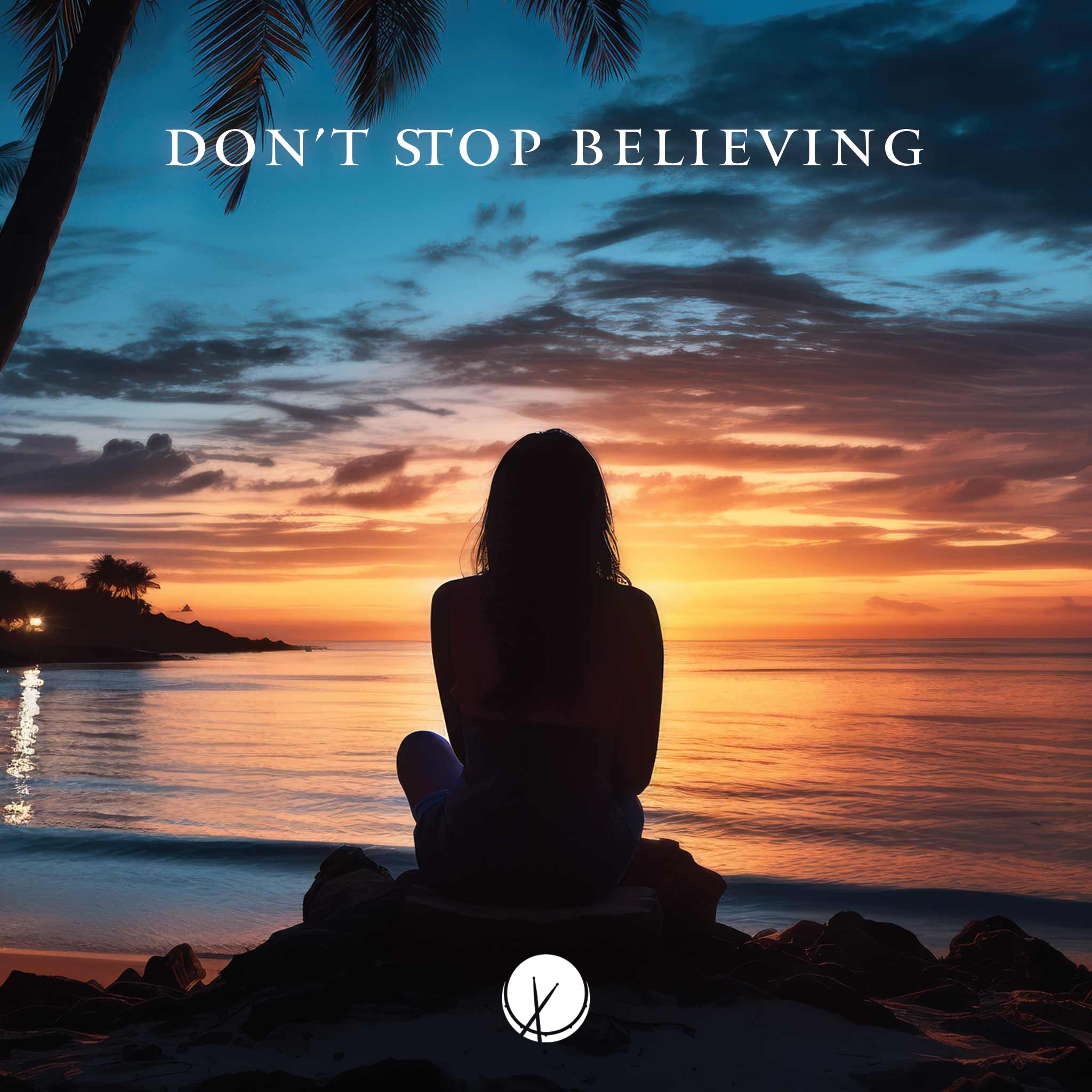 Don't Stop Believing: Woman sitting in shade at the beach, facing out towards the waters during twilight, with a vibrant-colored horizon.