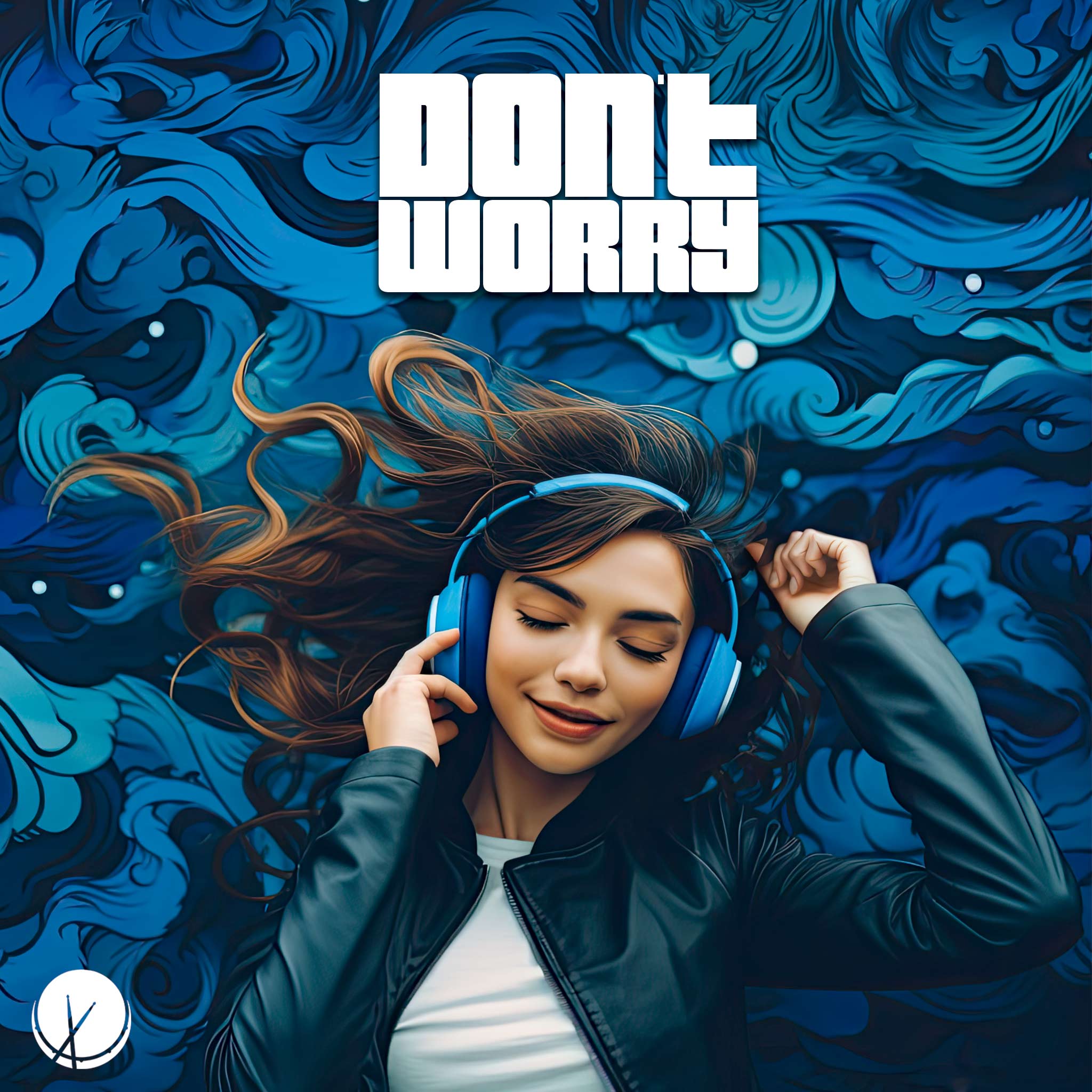 "Don't Worry" showcases a young woman in a black leather jacket and white T-shirt, wearing blue headphones while immersed in the music. The background illustrates ocean waves in calming blue hues.