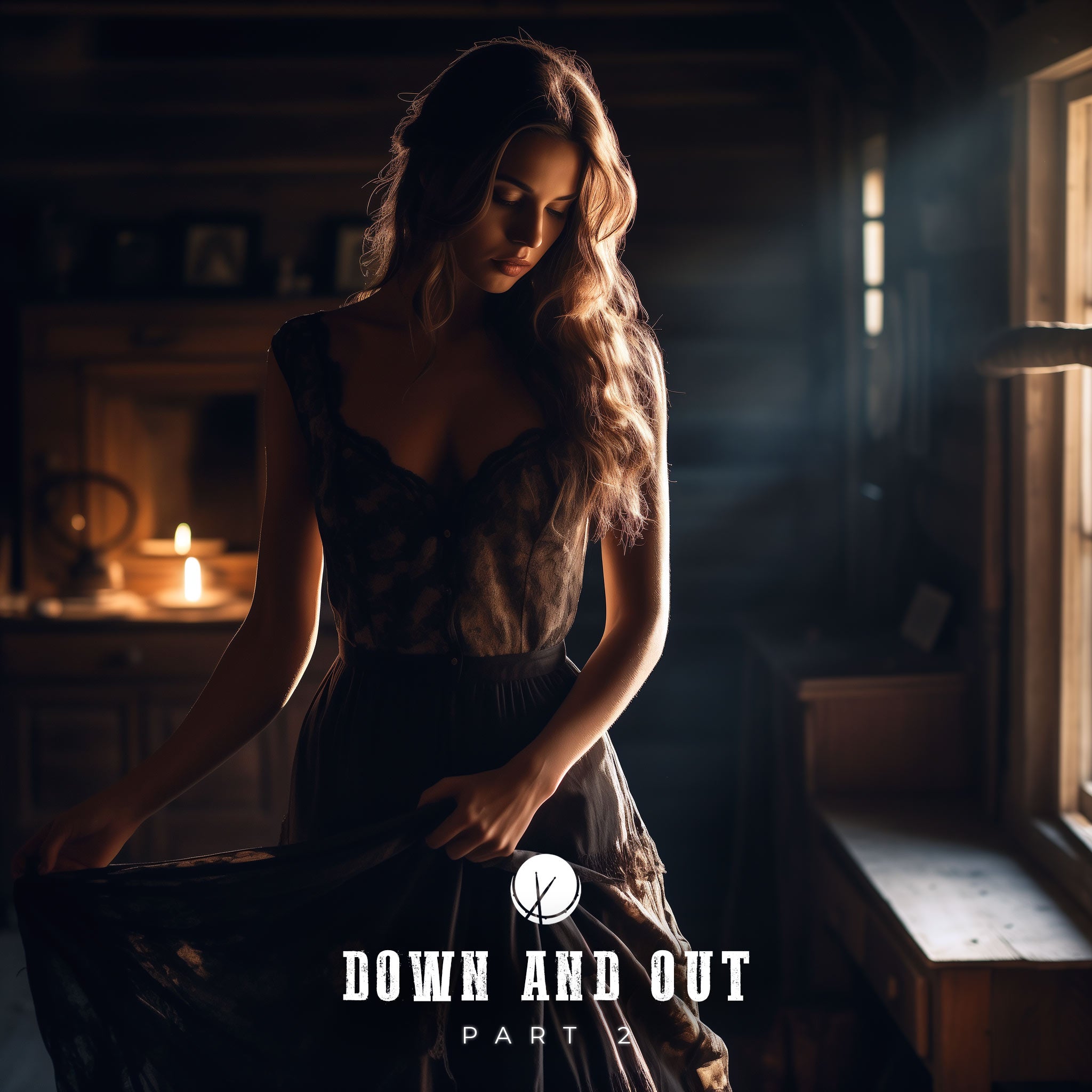 down-and-out-part-2-woman-long-brown-hair-country-long-dress-sad-expression-inside-log-cabin