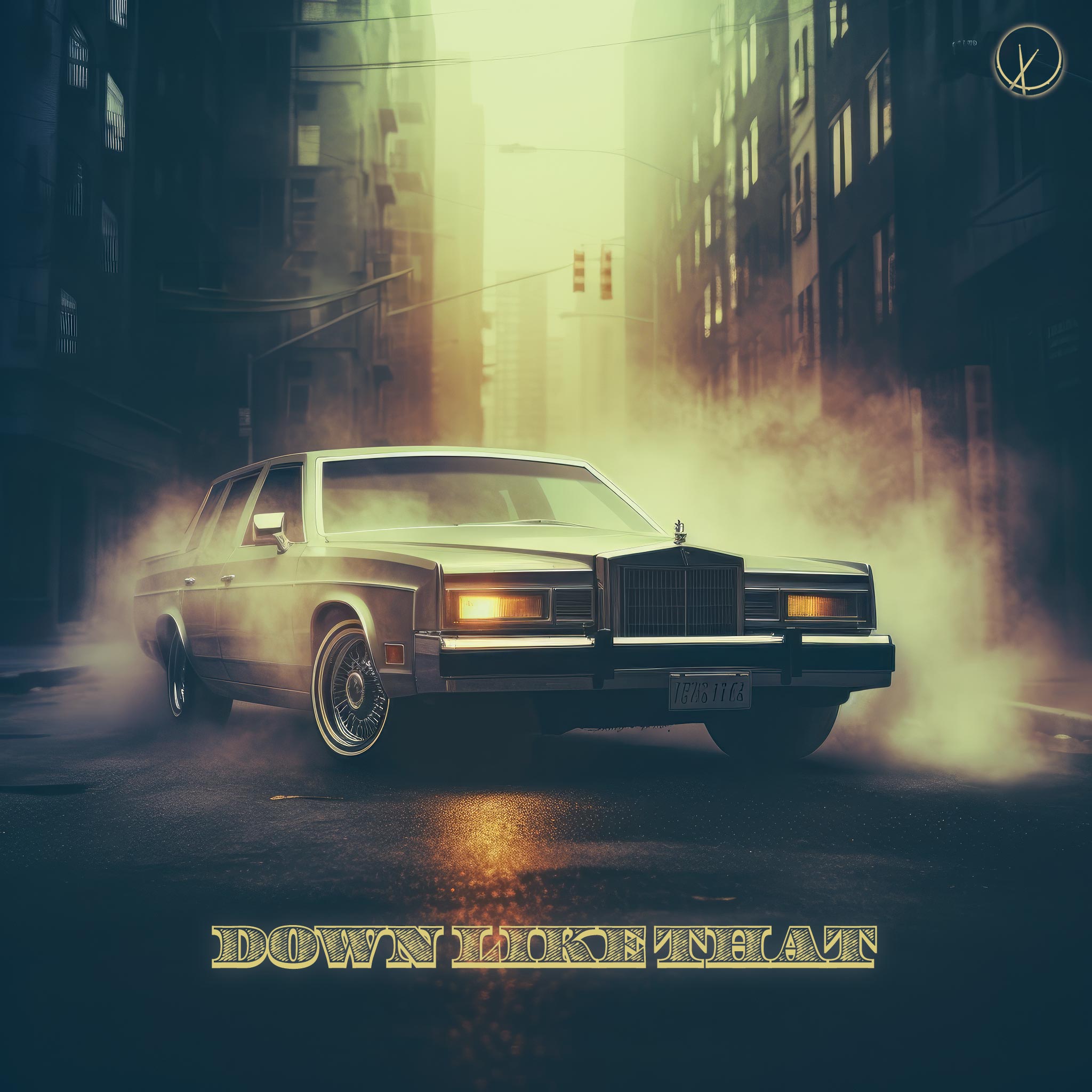 Down Like That: Trap cover art featuring a Cadillac DeVille in a cinematic scene with smoke, urban streets, and tall buildings.