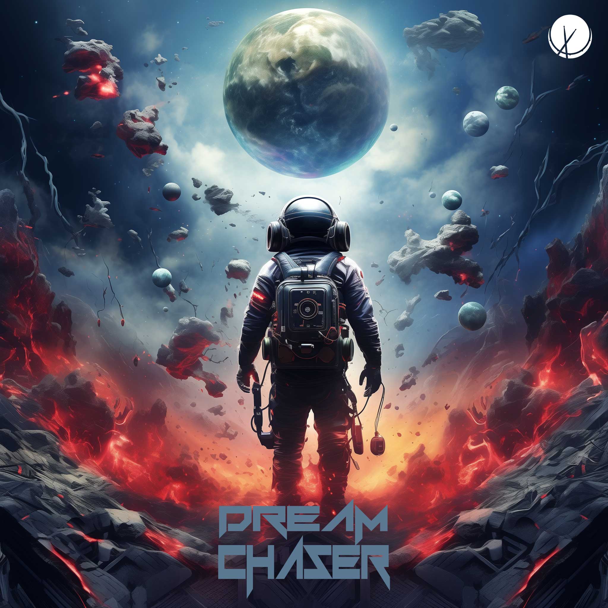 Dreamchaser: Astronaut Standing in Cosmos, Looking Up at a Distant Planet - Dubstep Style Cover Art Design.