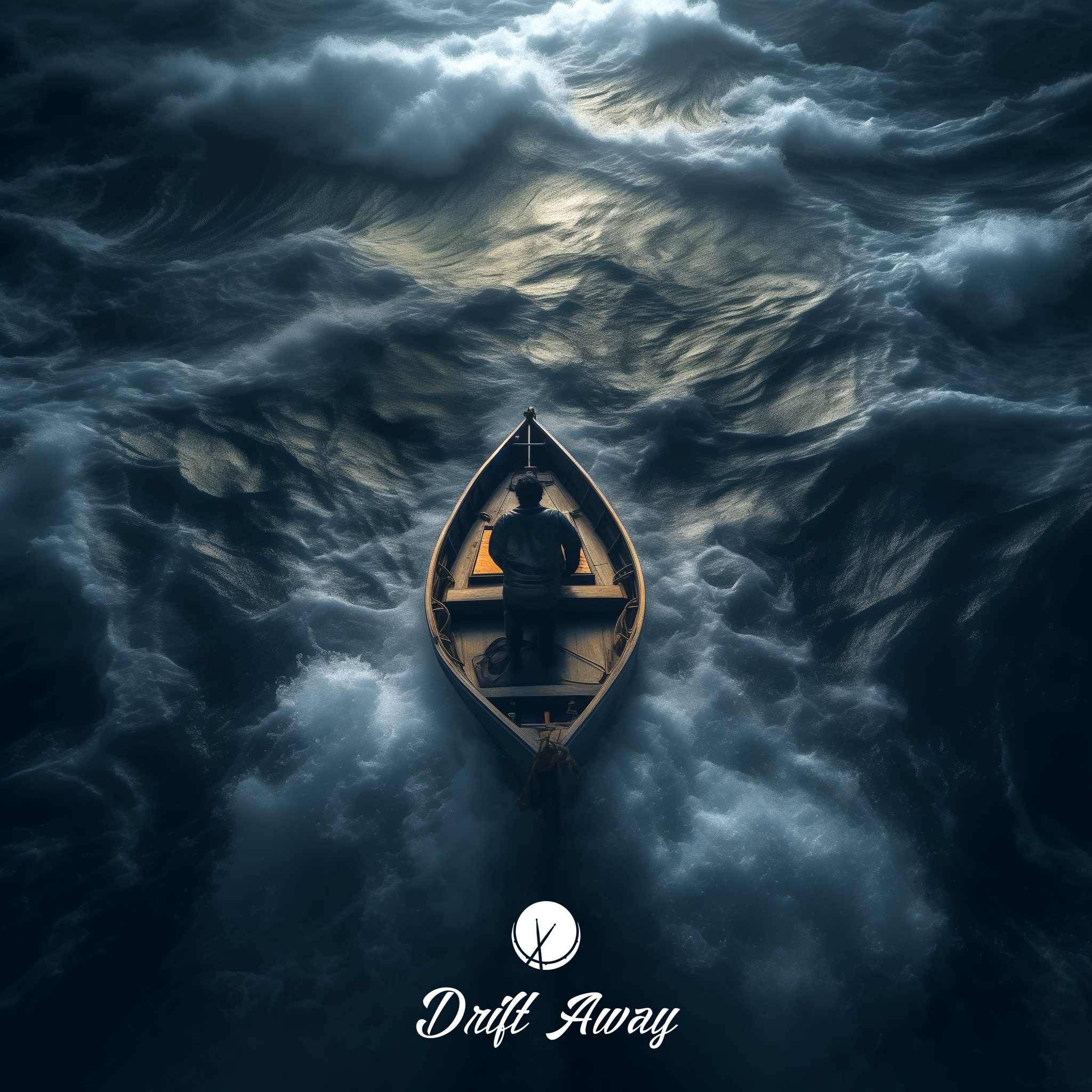 Drift-Away: Man on a Small Wooden Boat in the Middle of the Ocean, Going Seemingly Nowhere - View from Above.