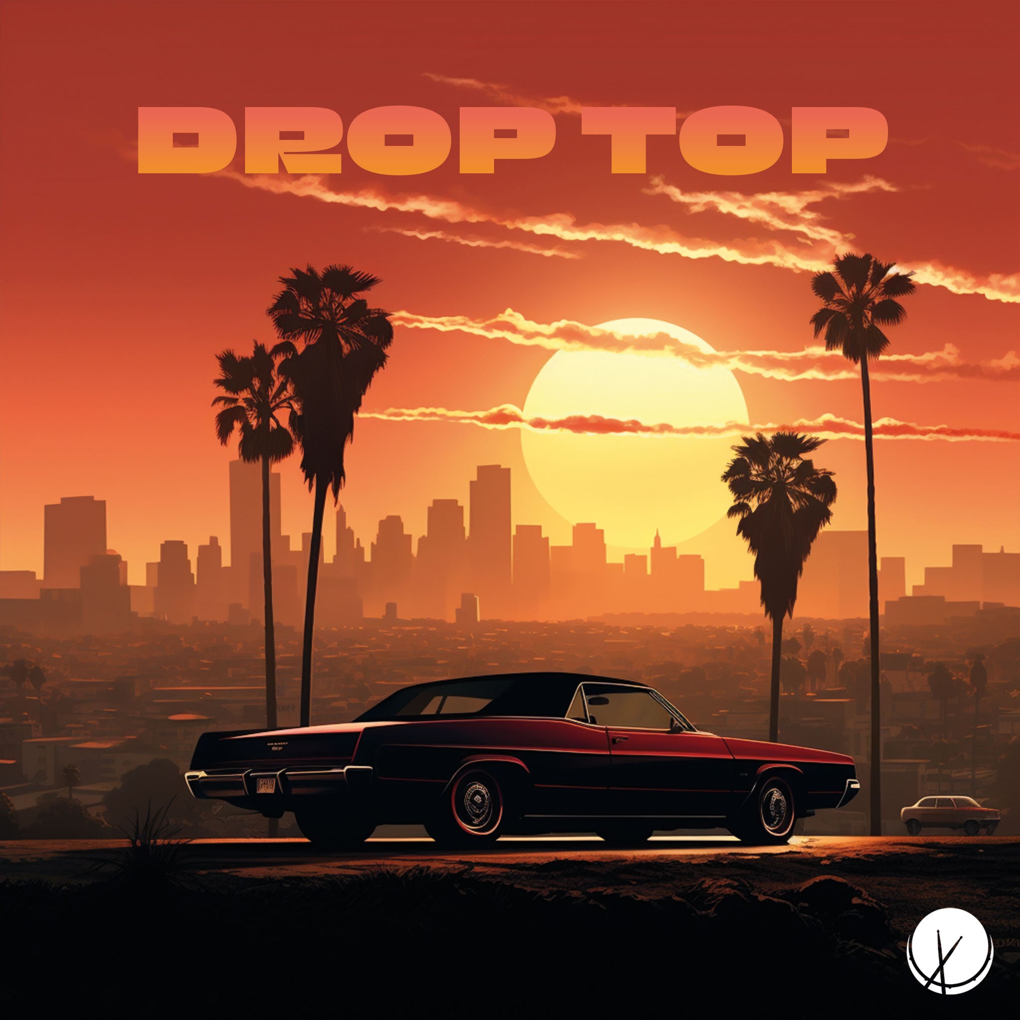 Drop-Top: Illustration of a car in California with an orange hue, capturing the sunset in the daytime. Perfect for West Coast rap cover art.