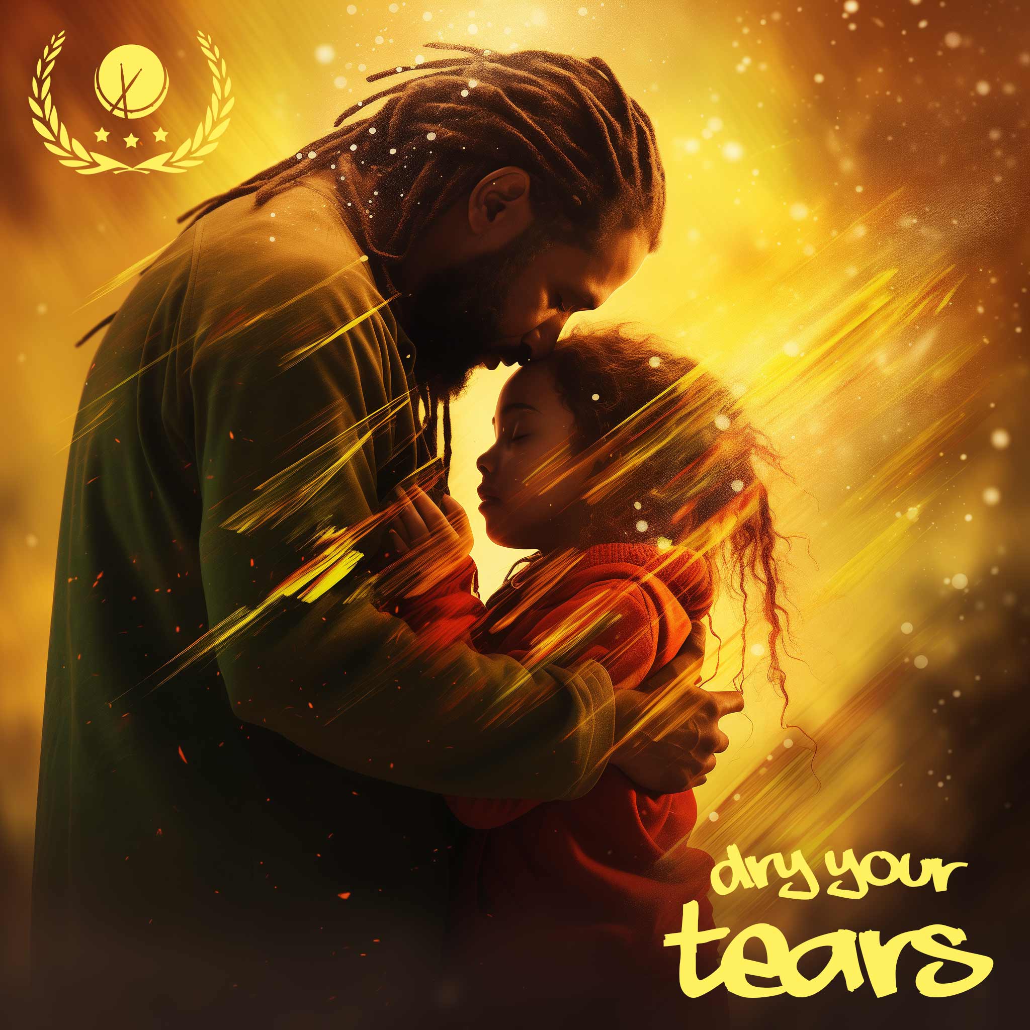 Reggae cover art depicting a father consoling his daughter, who has tears in her eyes. The scene is characterized by vibrant colors and particles. Title: "Dry Your Tears."