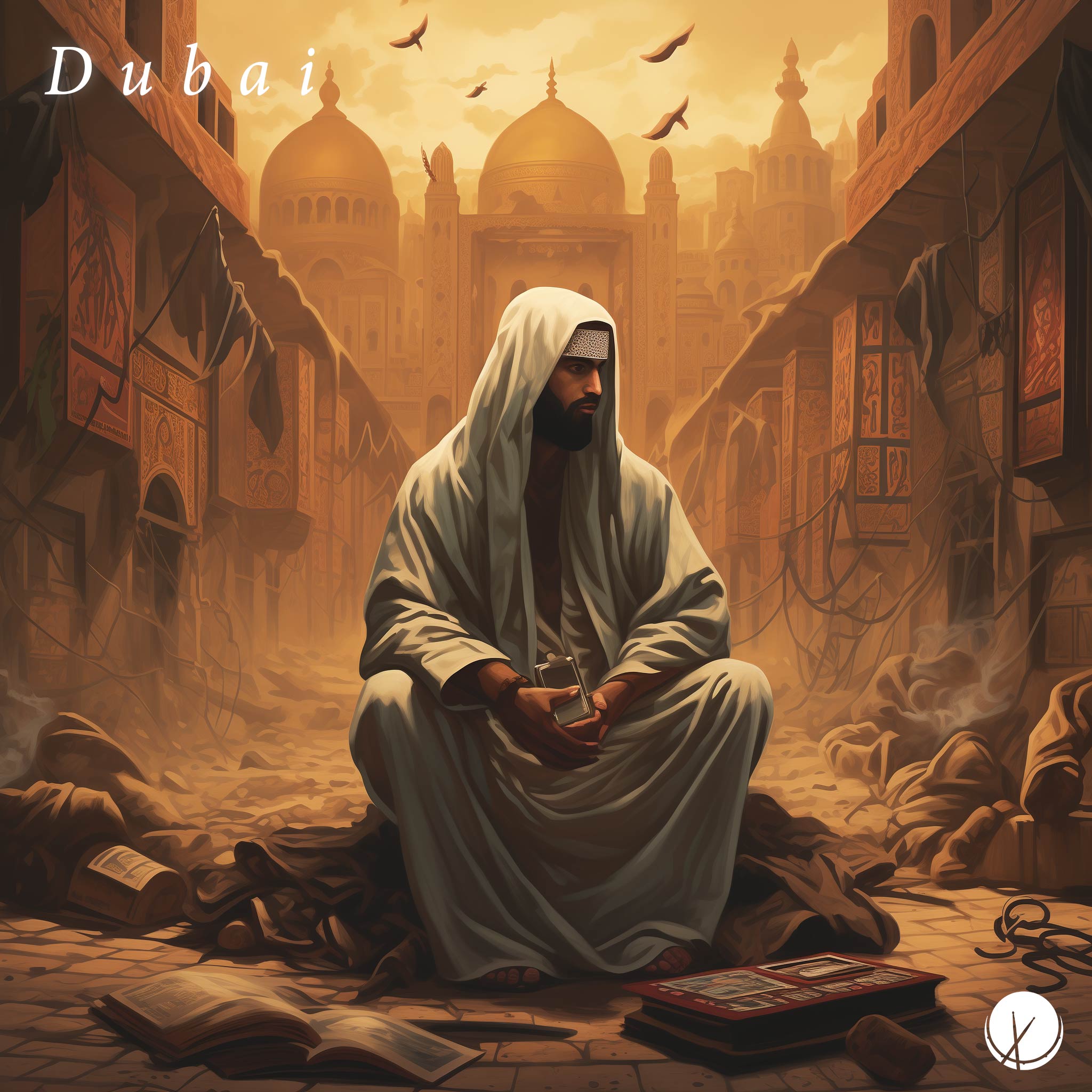 Scene in Dubai featuring an Arabic man in traditional clothing sitting in front of a beat machine, embodying a rapper persona. The backdrop showcases the architecture of Middle Eastern design with buildings behind him, set against a daytime desert landscape.