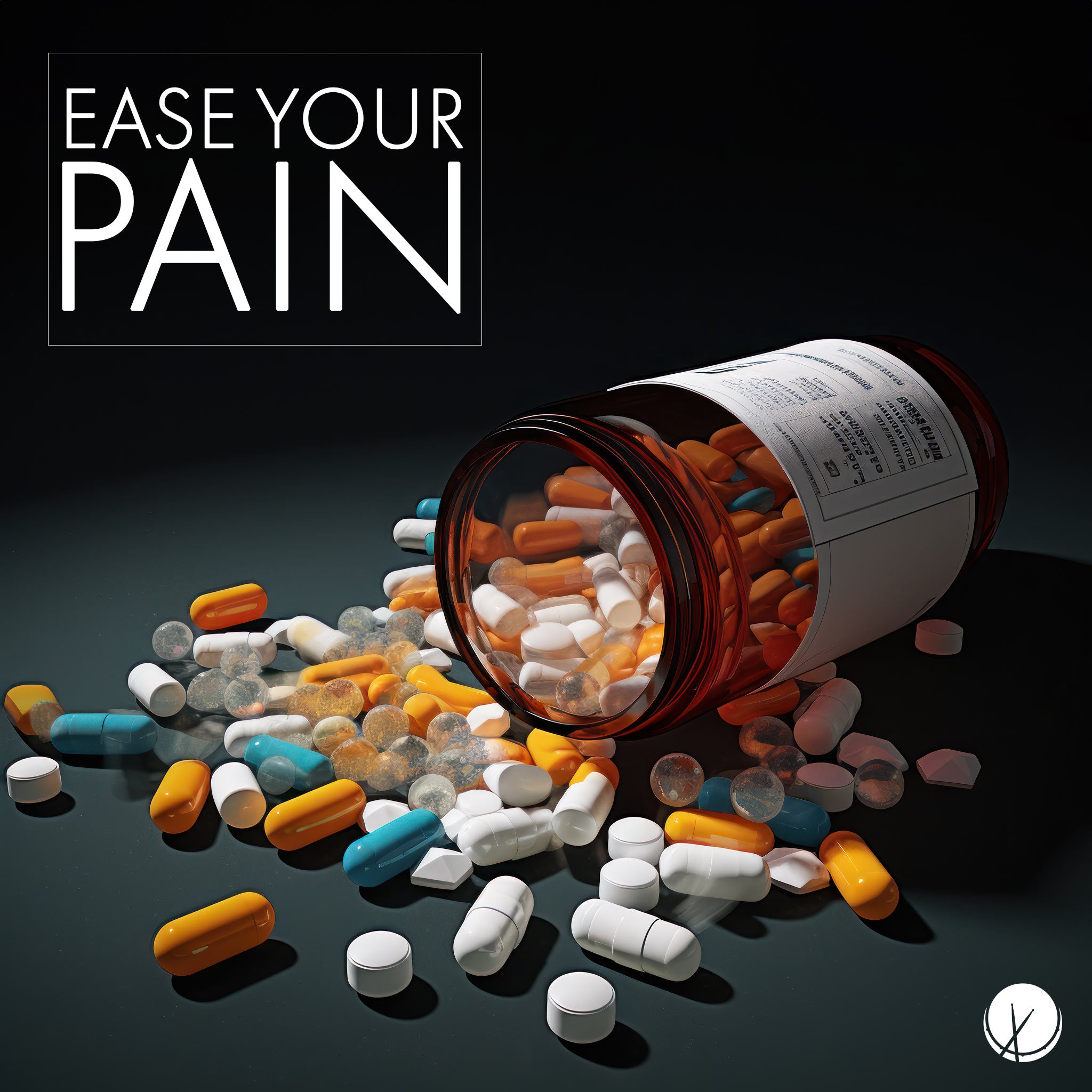 Ease Your Pain: A poignant image of a knocked-over bottle of prescription pills against a dark green gradient background.