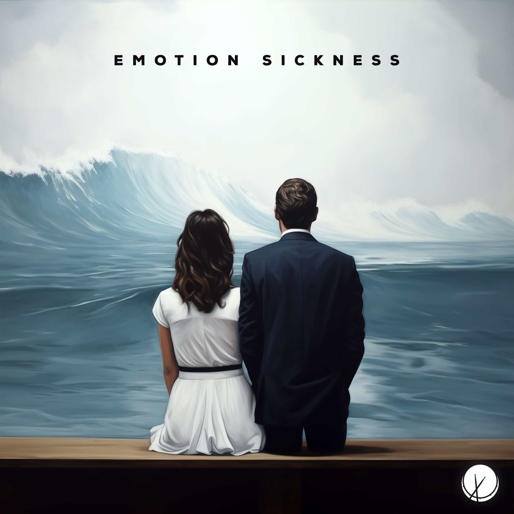 Emotion Sickness: Well-dressed Couple Sitting on a Bench in Front of the Ocean with Massive Title Waves Forming. She Wears a White Dress, He Has a Suit On - Painting Style Design.