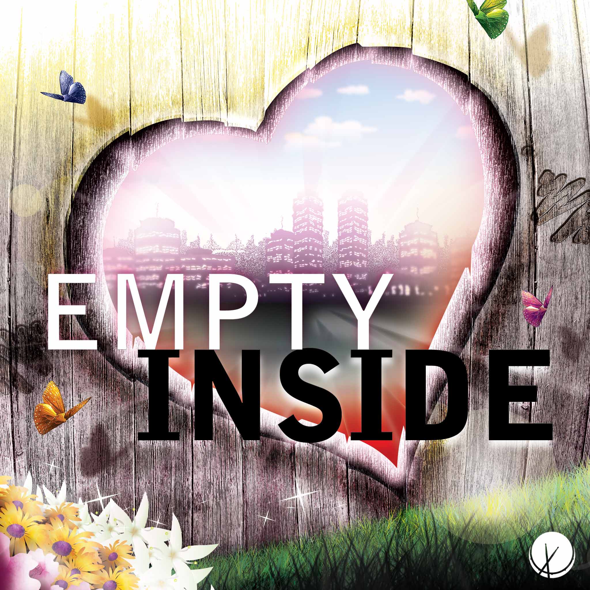 Empty Inside: A poignant scene of a wooden fence with a heart shape cut-out, accompanied by butterflies. Perfect for pop cover art.