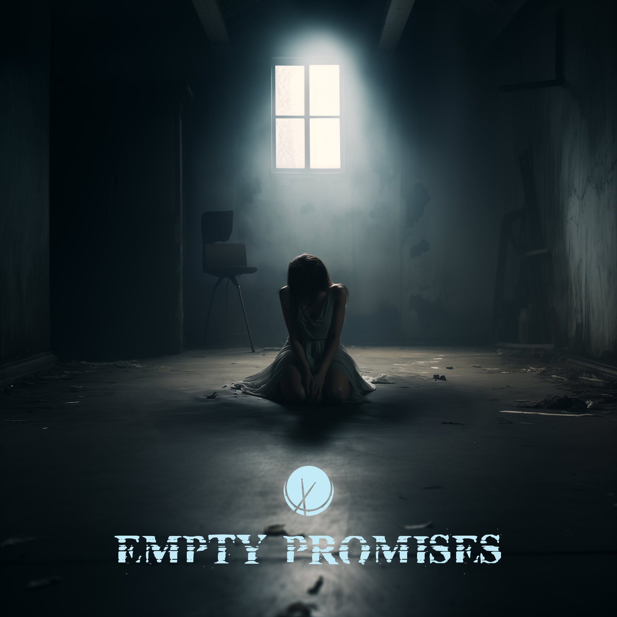 Distraught woman kneeling on the floor in an almost empty unfurnished room, sadness portrayed as window sheds light on her. Title: "Empty Promises."