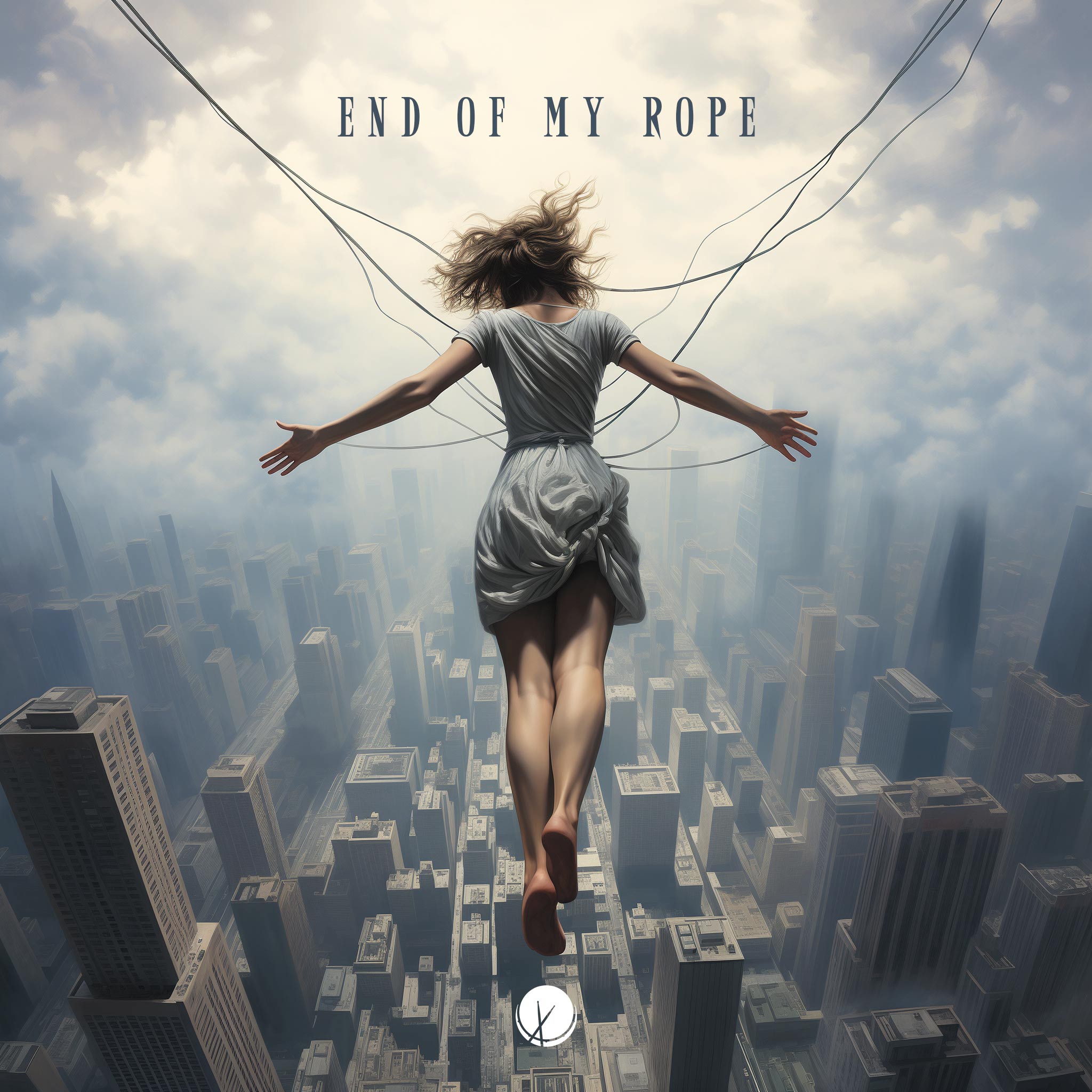 A poignant scene titled "End of My Rope" featuring a woman in a cotton white dress, barefoot, letting go of a rope with skyscrapers high above the city, creating a sense of vulnerability and the imminent feeling of falling.