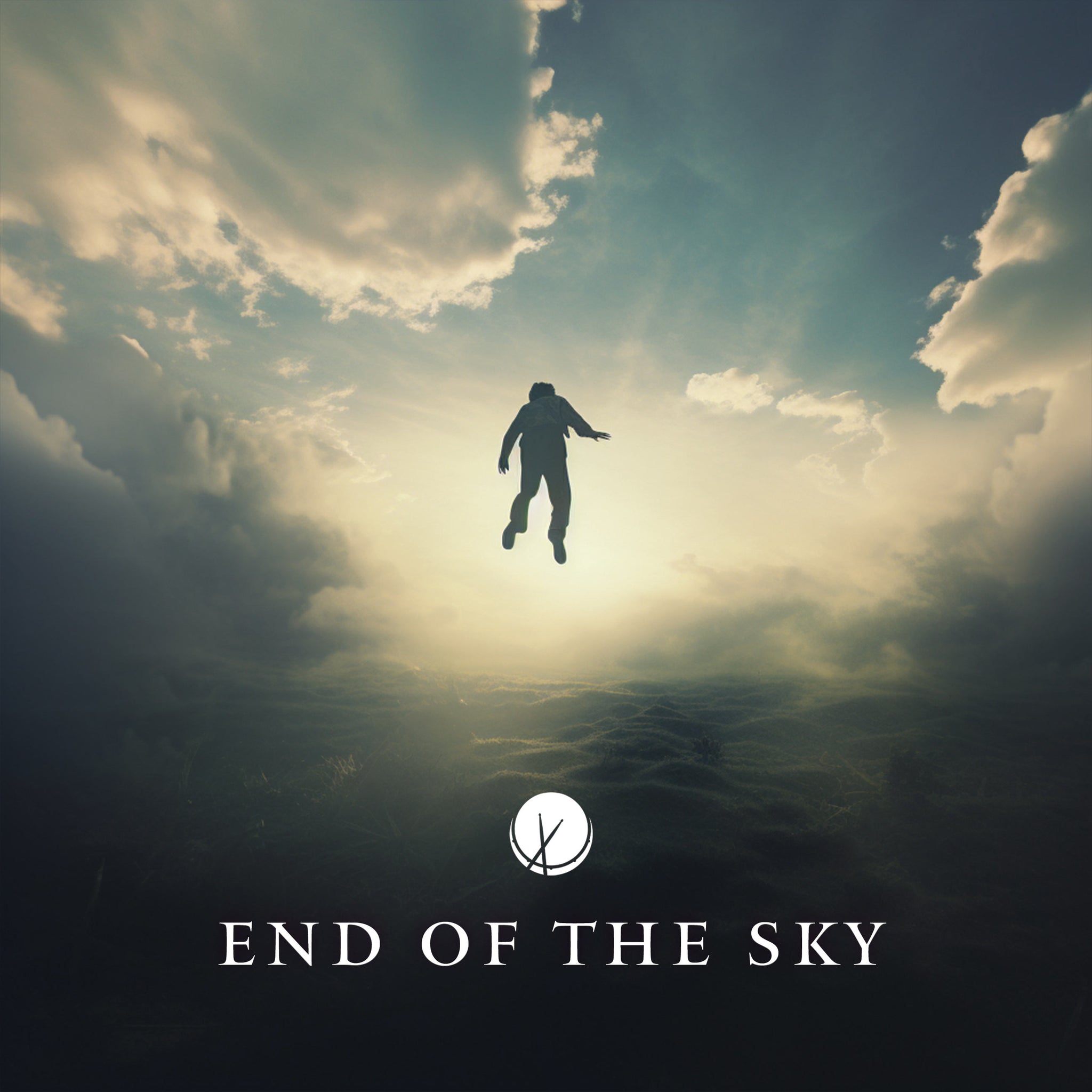 End of The Sky: An intriguing scene capturing a man hovering in the sky on a cloudy day, with daylight illuminating the grasslands below. A surreal and captivating image.