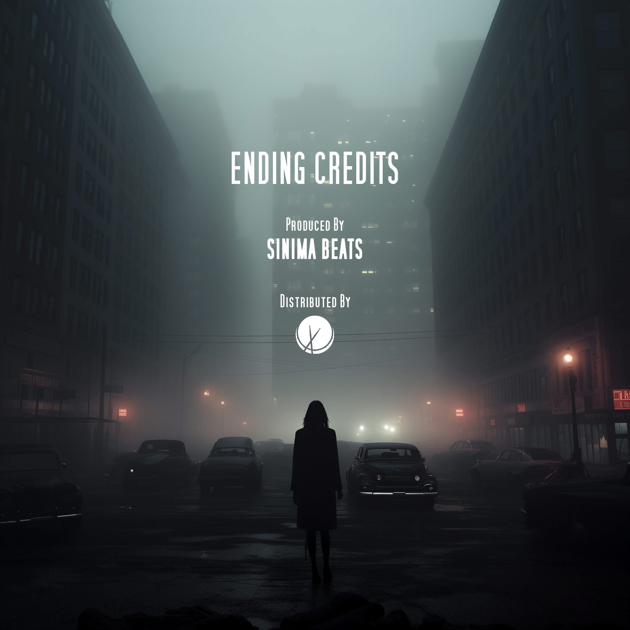 Cinematic scene in 8k resolution for ending credits, featuring a woman in a dystopian world. The setting includes cars in a parking lot near apartment buildings, shrouded in fog, creating an ominous atmosphere.