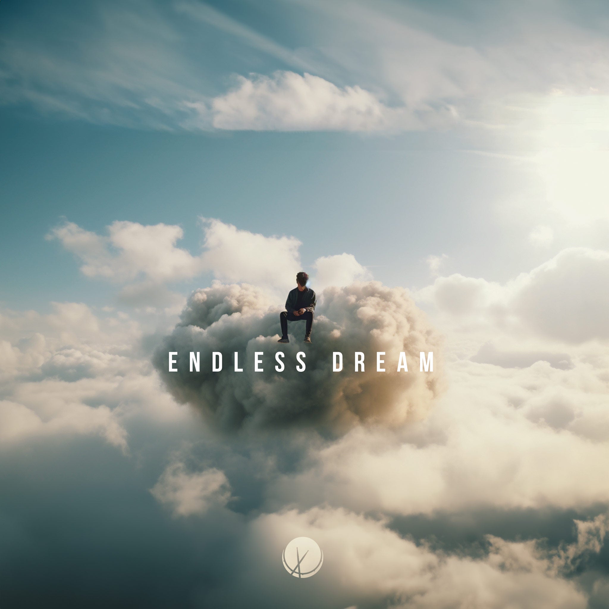 Endless Dream: A captivating image featuring a young man wearing all black, seated on a cloud in the sky. A dreamy and surreal scene evoking a sense of wonder.