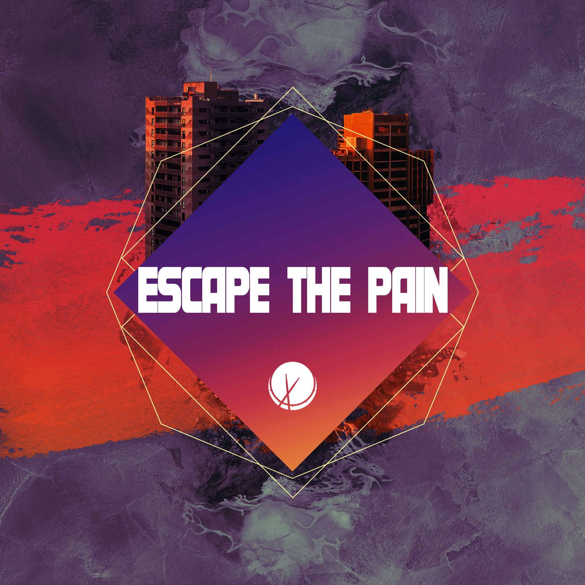 Escape the Pain: A visually engaging image featuring urban buildings, polygon shapes, and a textured background in vibrant red and purple colors. An artistic representation that evokes a sense of escaping the pain.