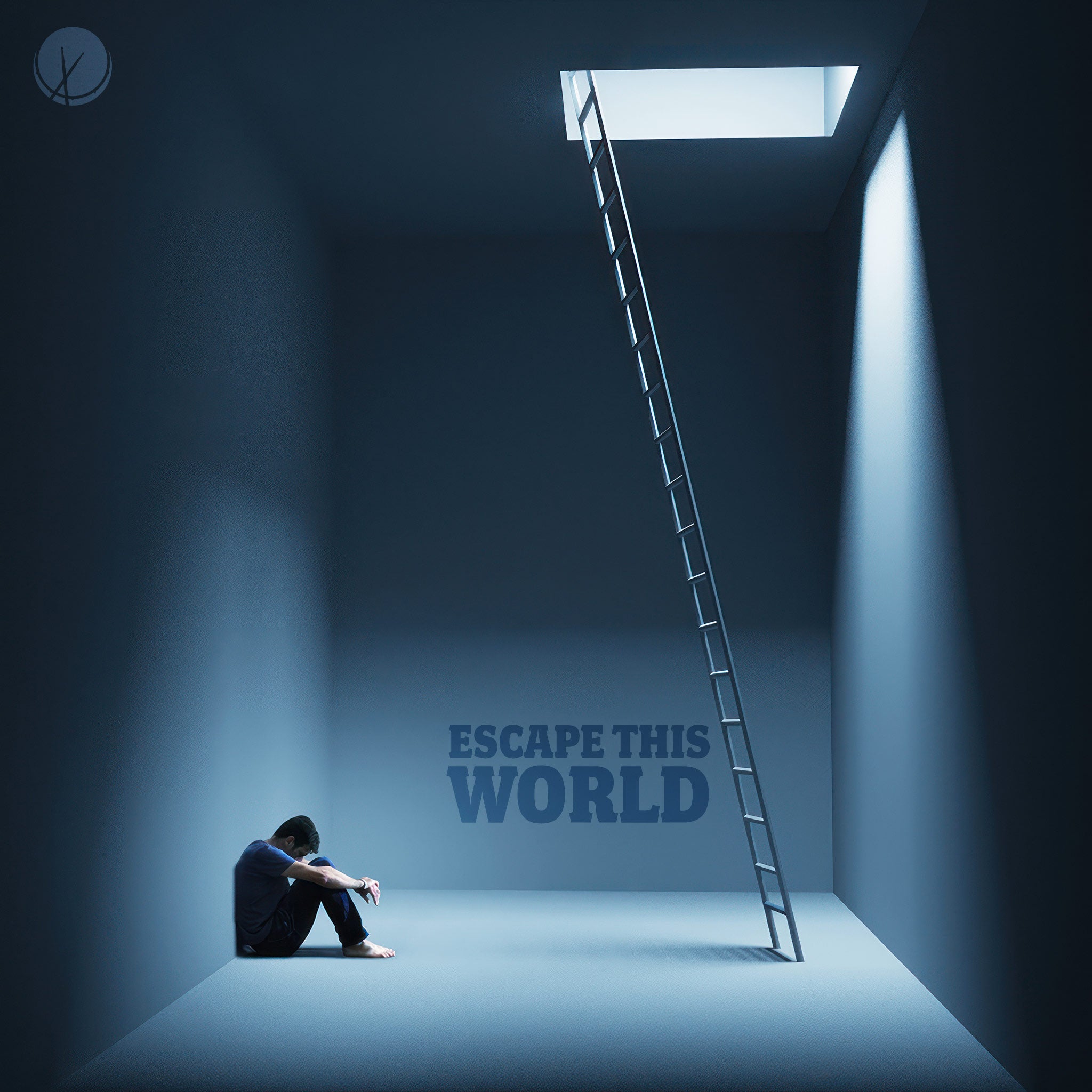 Escape This World: A compelling scene featuring a man sitting near a ladder that leads to a bright exit, bathed in serene blue hues. The image conveys a sense of longing for an escape into a different realm.