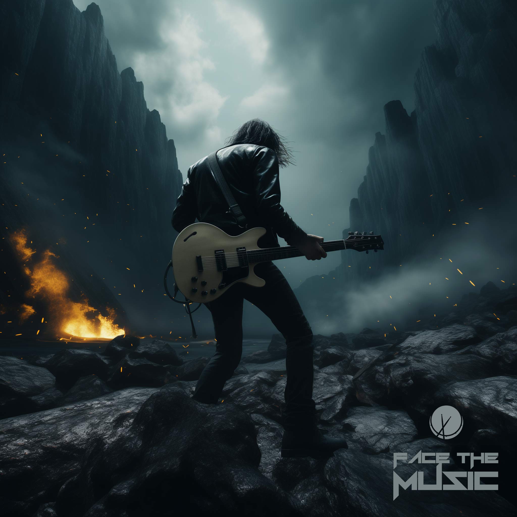 Captivating rock music cover art for the metal genre titled "Face the Music." The scene features a man holding a guitar over a rock bed with fog, sparks flying, and a dangerous ambiance. Mountain ridges in the background add a cinematic touch.