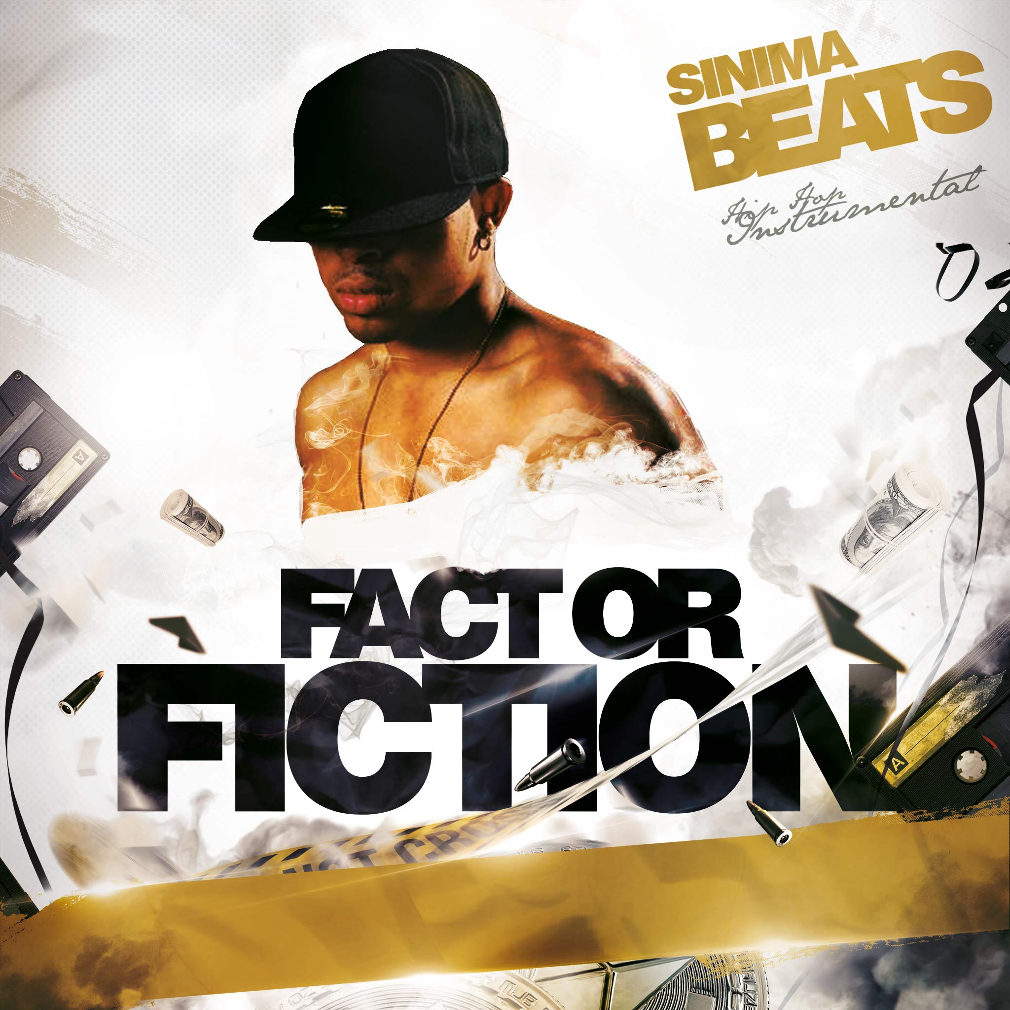 Shirtless Rapper Wearing Baseball Cap and Low Necklace with Scattered Projectiles Flying - Fact or Fiction Urban Cover Art Design